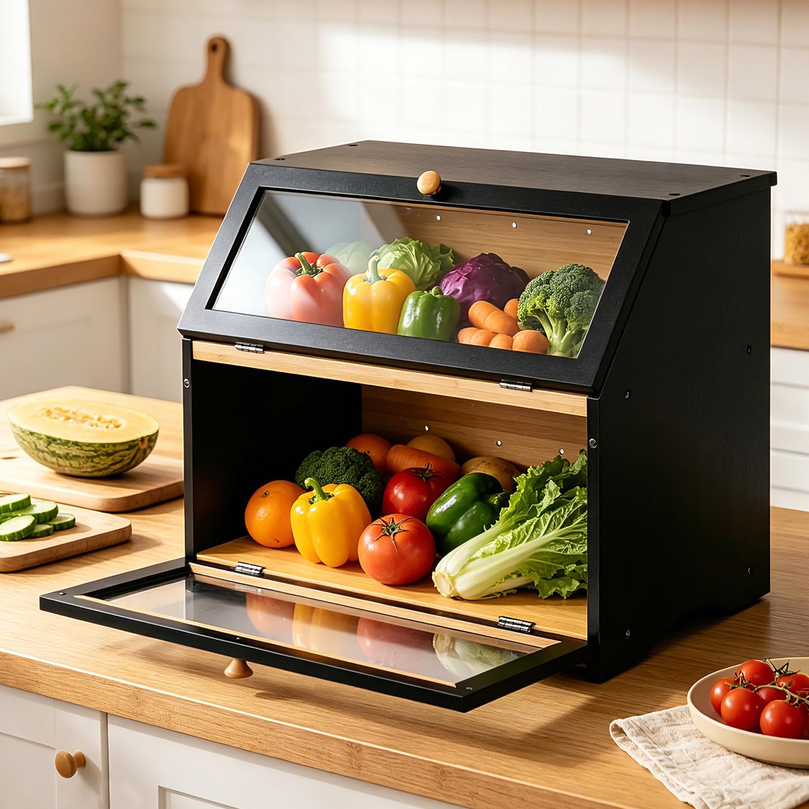 Panera de Bambú de 2 Niveles con Ventana Visible, Caja Grande para Almacenar pan y Tostadas, Botellas de Verduras y Especias del Gabinete de Pan, 39 x 25 x 32 cm (largo x ancho x alto), Negra