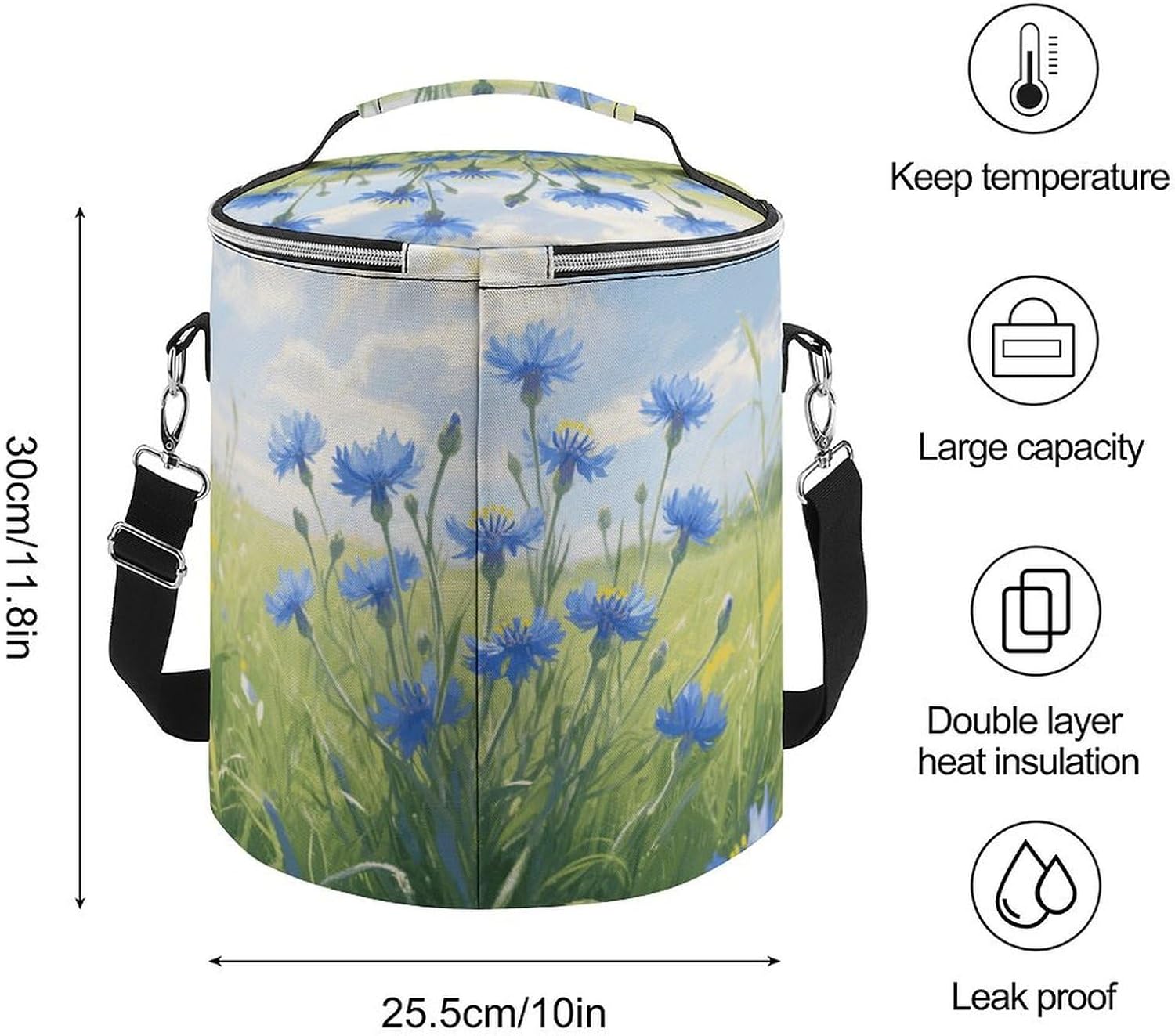 Blue Cornflowers Lunch Bag 15L, Insulated Picnic Basket with Leakproof Design - Large Cooler Tote for Camping, Beach, Hiking & Groceries