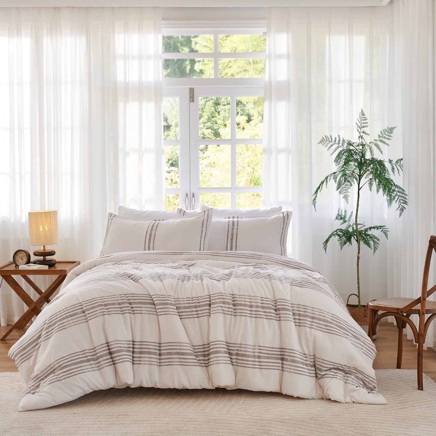 3 Pieces Comforter Set King, Farmhouse Bedding Set, Striped Pattern Comforter for All Seasons, Lightweight & Warm Boho Bed Comforter, Chocolate