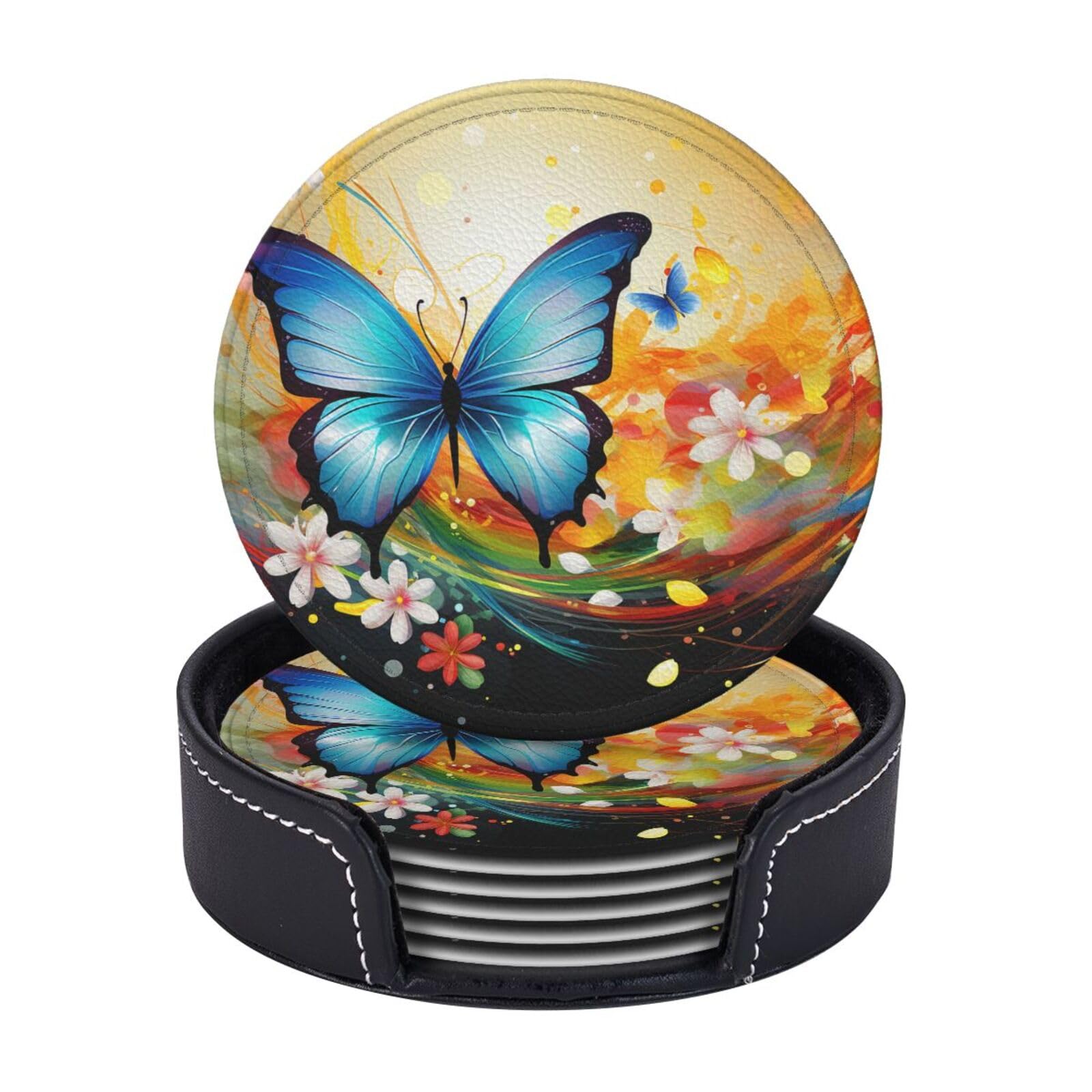 6Pcs PU Leather Coaster for Drinks, Colorful with Butterfly Cup Coasters with Holder, Aesthetic Drink Coasters for Coffee Table, Round Coaster for Tabletop Protection 4" Cup Mat Pad