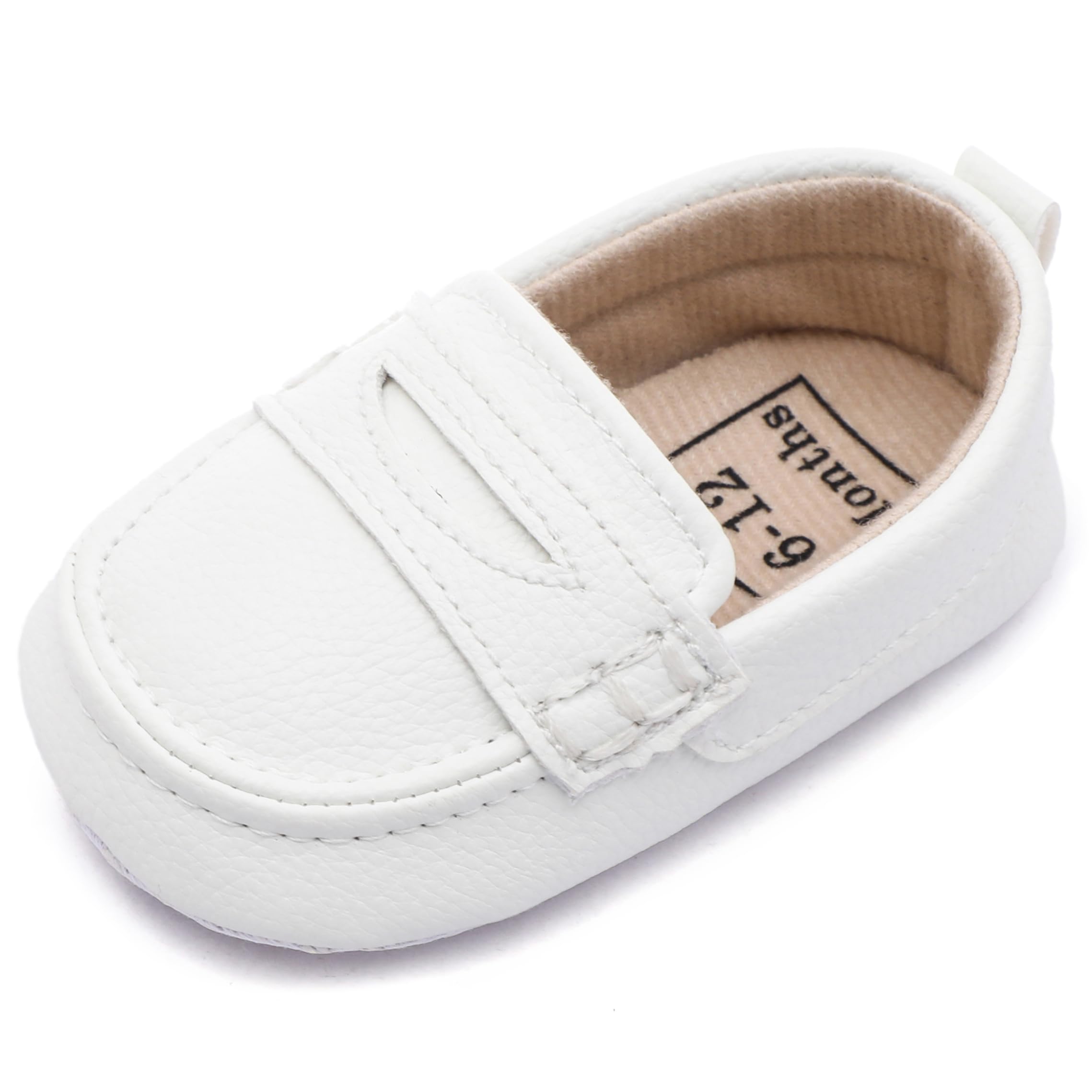 Moceen Infant Baby Boys Loafers Soft Sole PU Leather Toddler Moccasins Girls First Walking Crib Dress Shoes 12-18 Months, White, M101