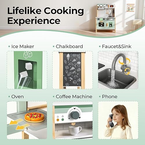 Miniatura 3 de Play Kitchen - Juego de cocina de madera para niños, juguetes de simulación para niños pequeños con luces y sonidos reales, 3 alturas ajustables