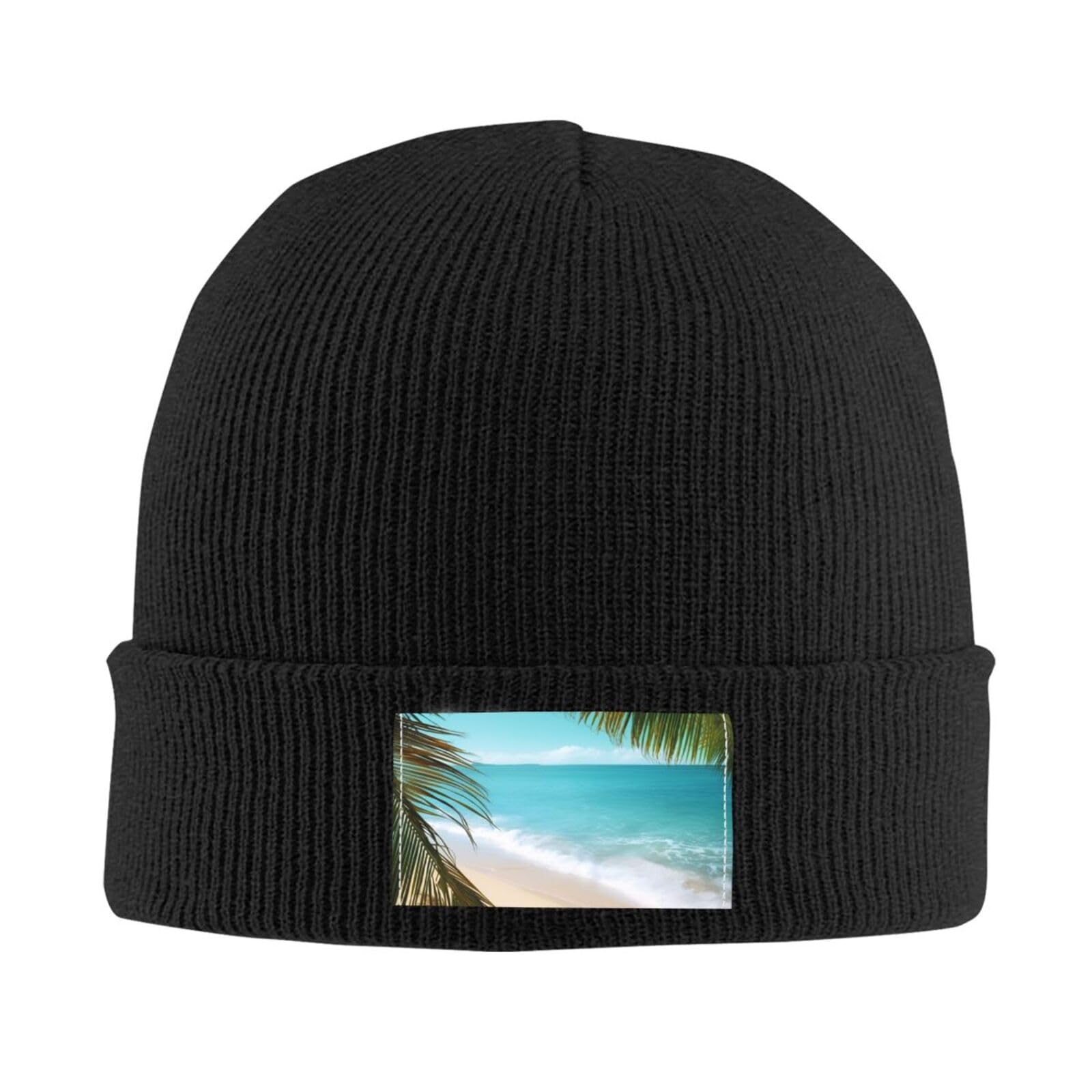 Ocean Sea Beach Palm Leaves Beanie Hat for Men Women Warm Knit Cuffed Beanie Soft Warm Ski Hats Skull Cap