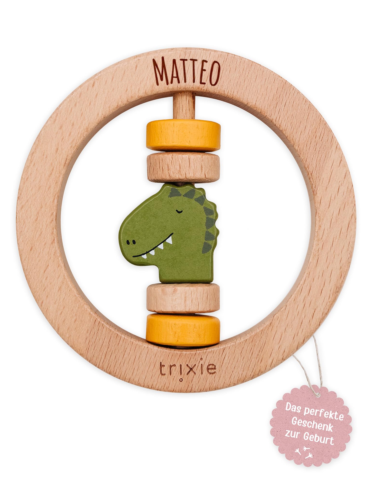 wunderwunsch Trixie Holzrassel personalisiert, Holz Rassel als Geschenk für Baby, Kleinkind, Geburt, Taufe graviert mit deinem Namen aus bestem Holz, auf Wunsch individualisert (Dino, ohne Name)