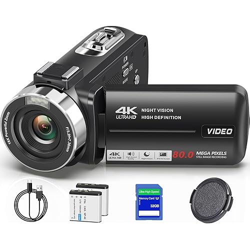 4K Camcorder Video Camera UHD 80MP IR Night Vision Vlogging Camera for YouTube,18X Digital Zoom Camcorder Recorder 3.0" IPS HD Screen with 32GB SD Card, Lens Cap, 2 Batteries