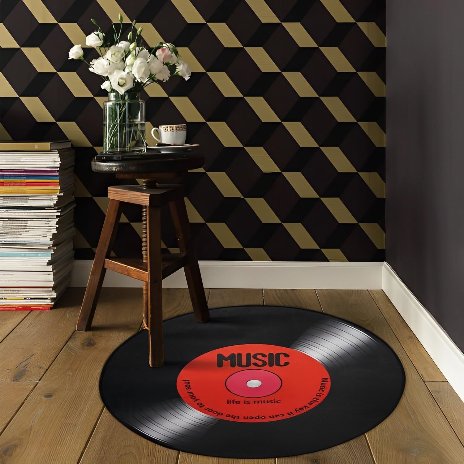 Alfombra Disco Vinilo, Alfombra Redonda 120 Pelo Corto, Estilo E
