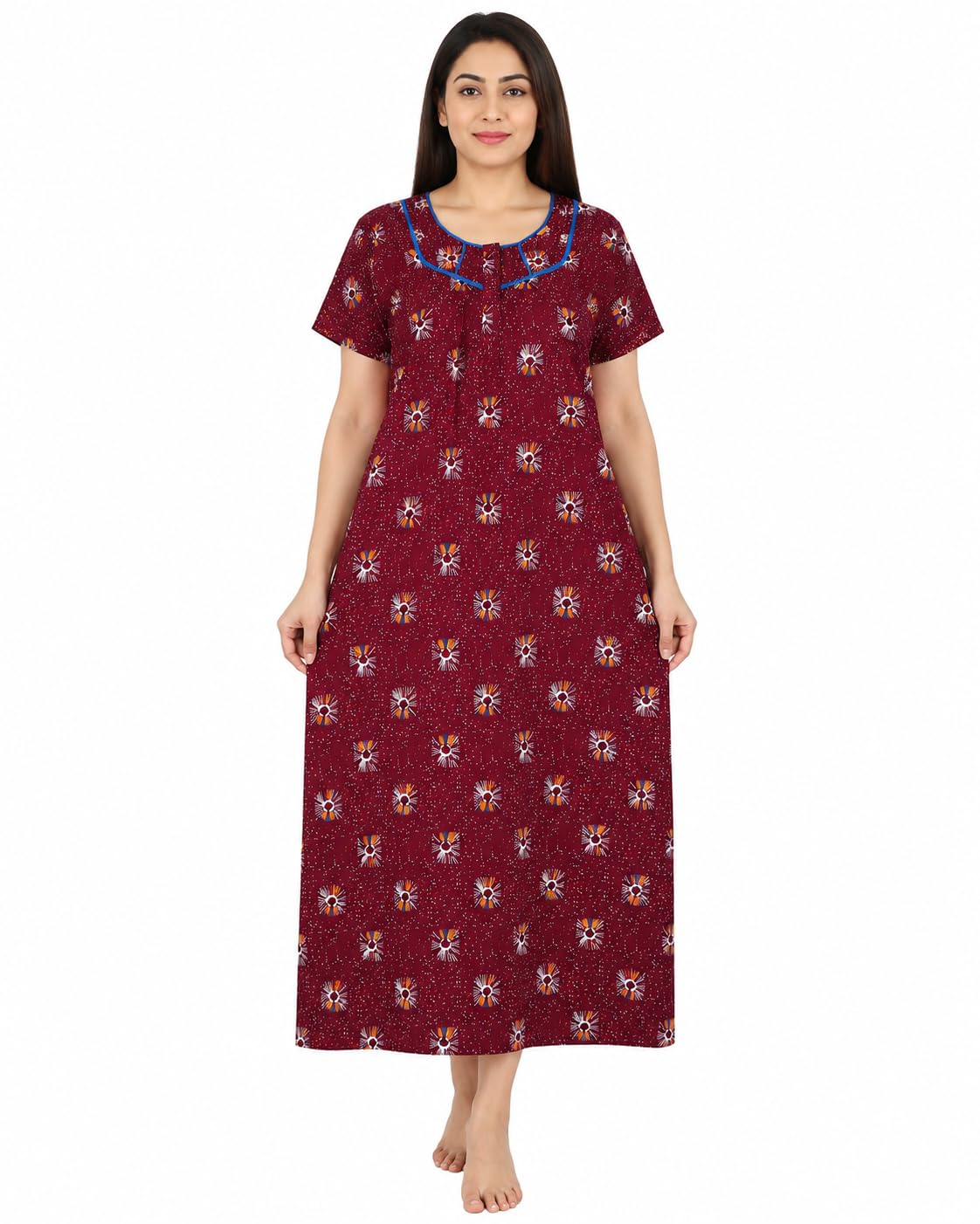 Women's Premium Cotton Printed Nighty | Overlock with Zip Closure | Soft Breathable Daily Home Wear | Size - XXL Deep Maroon-image-12