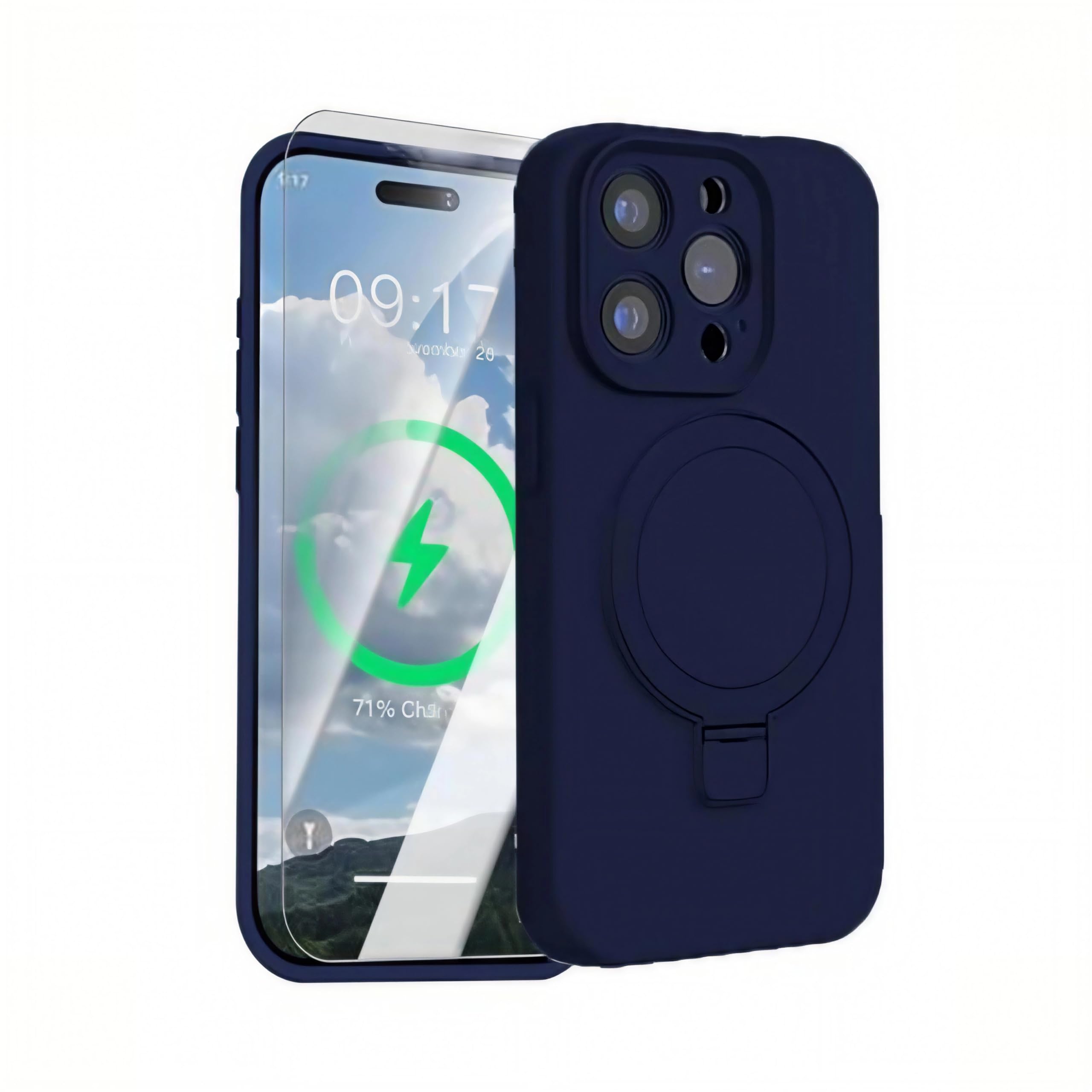 Hokjipseo Mag-Ring Designed for iPhone 16 Pro Max Case, Liquid Silicone Soft Slim Phone Case with Stand [MagSafe Compatible] 1x Screen Protector