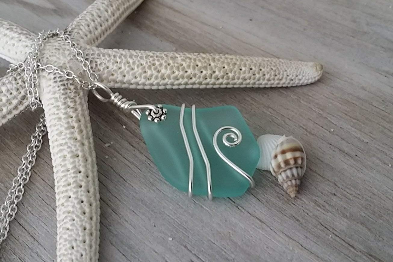 Handmade Sea Glass Necklace, Hawaiian Jewelry for Women, Wire Aquamarine Necklace, Sea Glass Jewelry, Birthday Gift For Women (March Birthstone)