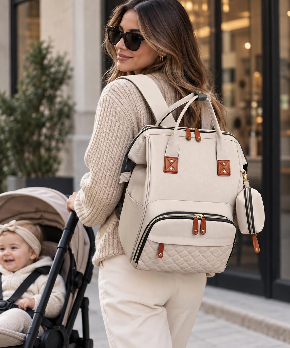 Sac à Dos à Langer pour Bébé,Sac de Voyage,Grande Capacité Sac à Couches Multifonction Imperméable,2 Sangles de Poussette,pour Biberon Poche Isotherme Beige