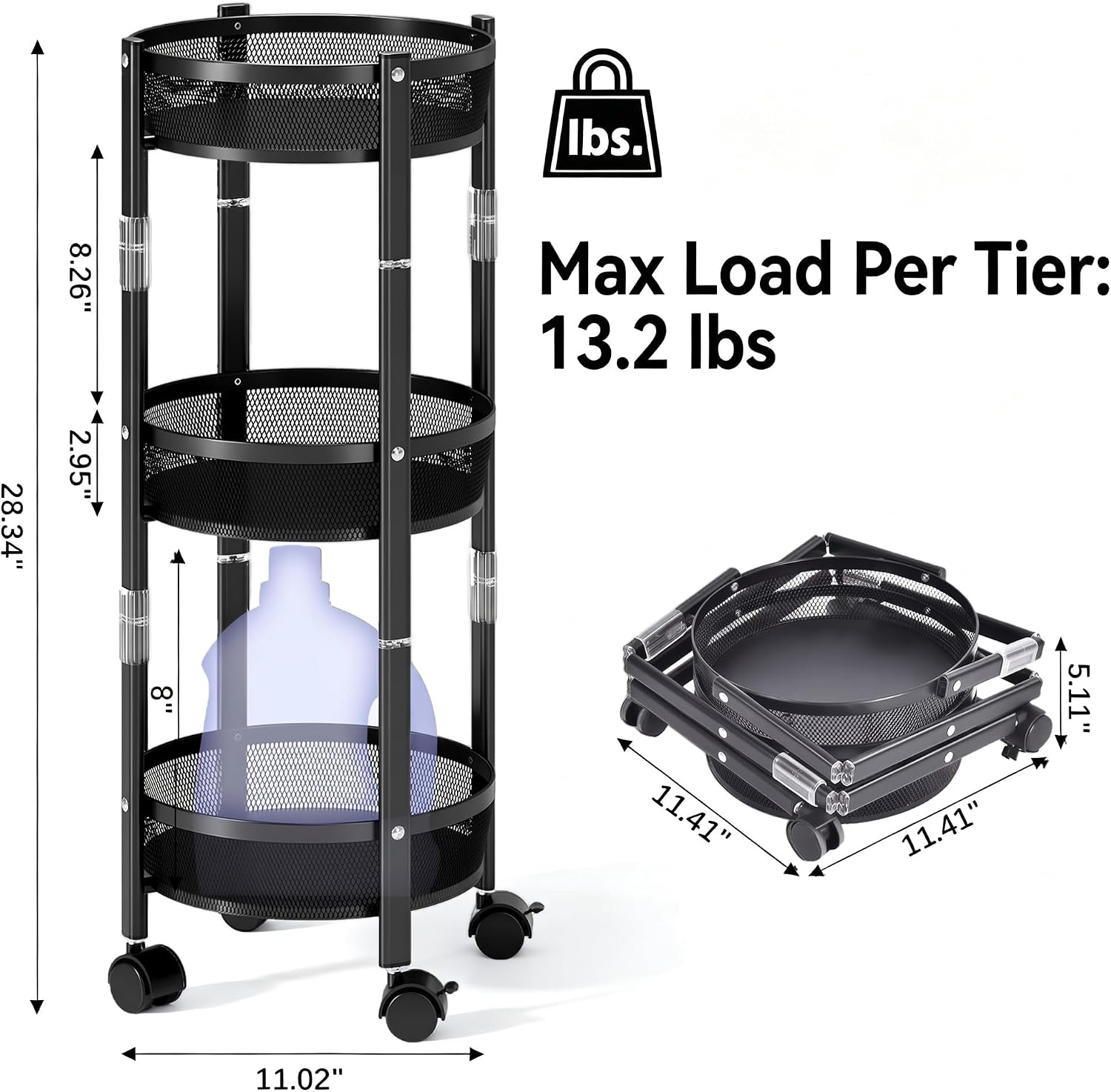 3 Tier Foldable Rolling Cart Metal Utility Storage Cart image 2