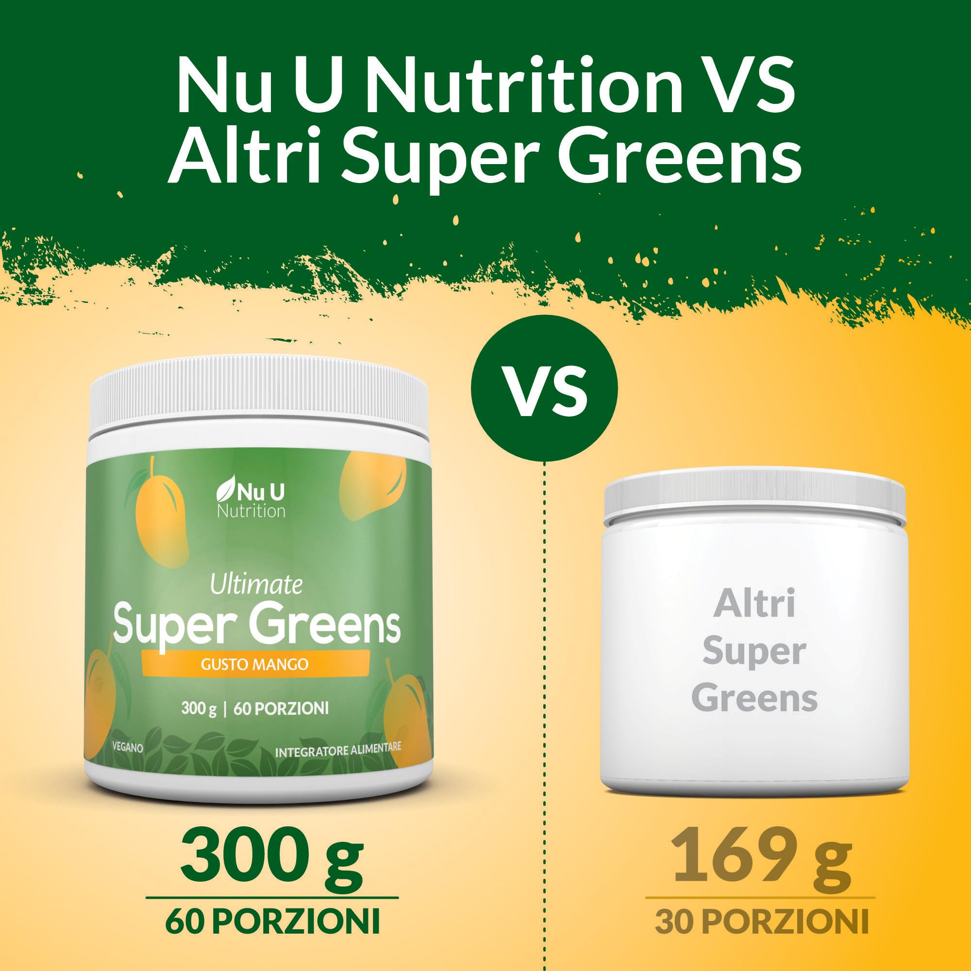 Super Greens | Mango | Polvere 300g – 17 Ingredienti Superfood Attivi – 60 Porzioni – Con Inulina, Spirulina, Clorella, Radice di Maca – 100% Vegano – Nu U Nutrition