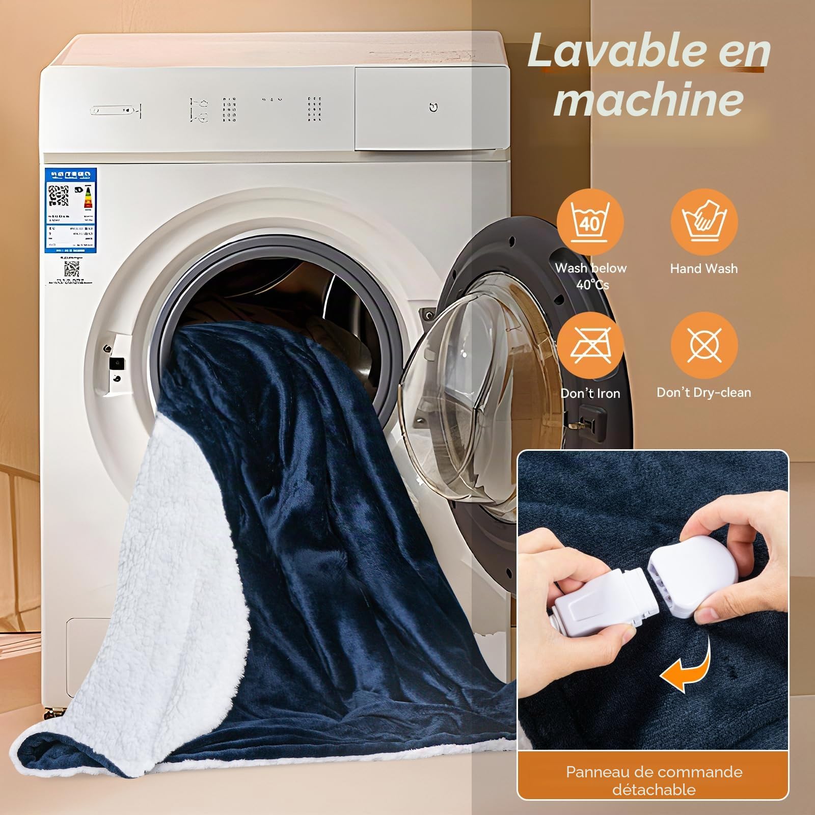 Couverture Chauffante 180x130cm avec Arrêt Automatique 9 Niveaux de Chauffage & 10 Minuteurs Protection Surchauffe Lavable pour Maison & Bureau Bleu Marine