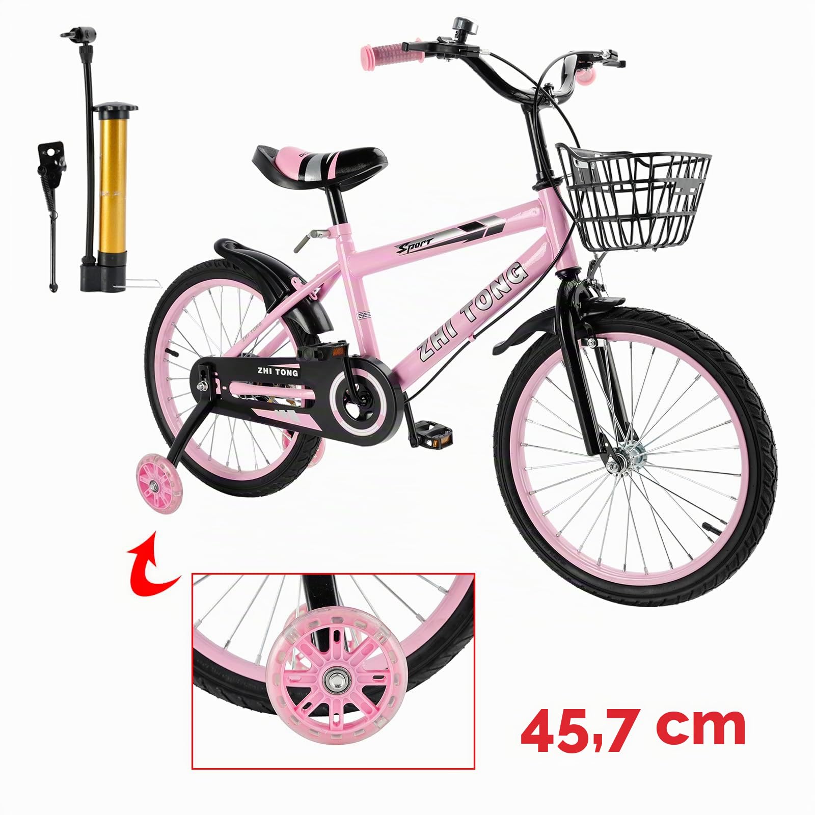 Vélo pour enfant 18 pouces, cadre acier carbone, siège guidon réglables, double freins, roues stabilisatrices