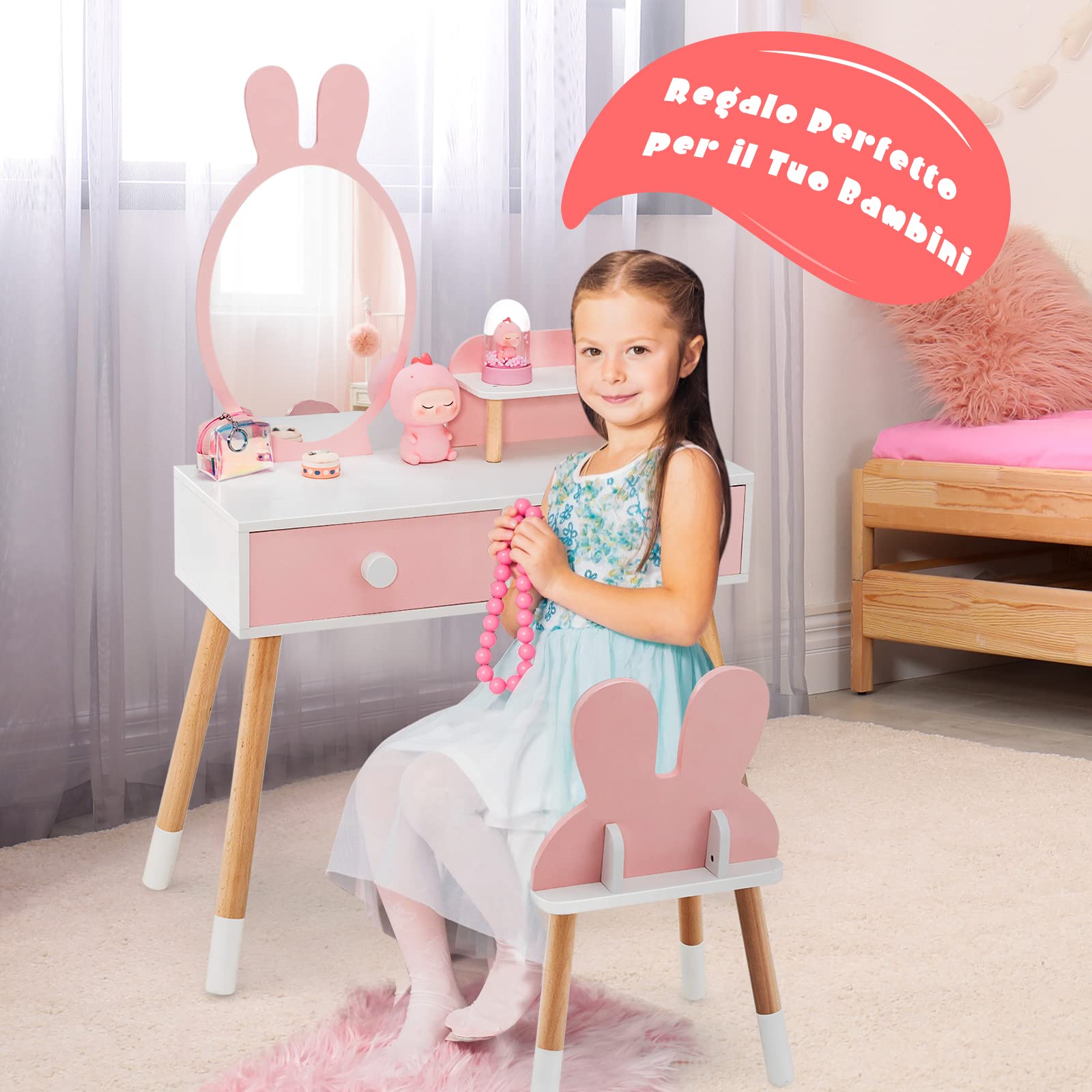 COSTWAY Toeletta Trucco 2 in 1 per Bambina, Specchiera a Forma di Coniglio Staccabile per Ragazza in Legno con Sgabello, Ripiano e 2 Cassetti, Postazione Trucco, 78 x 37 x 110cm (Rosa)