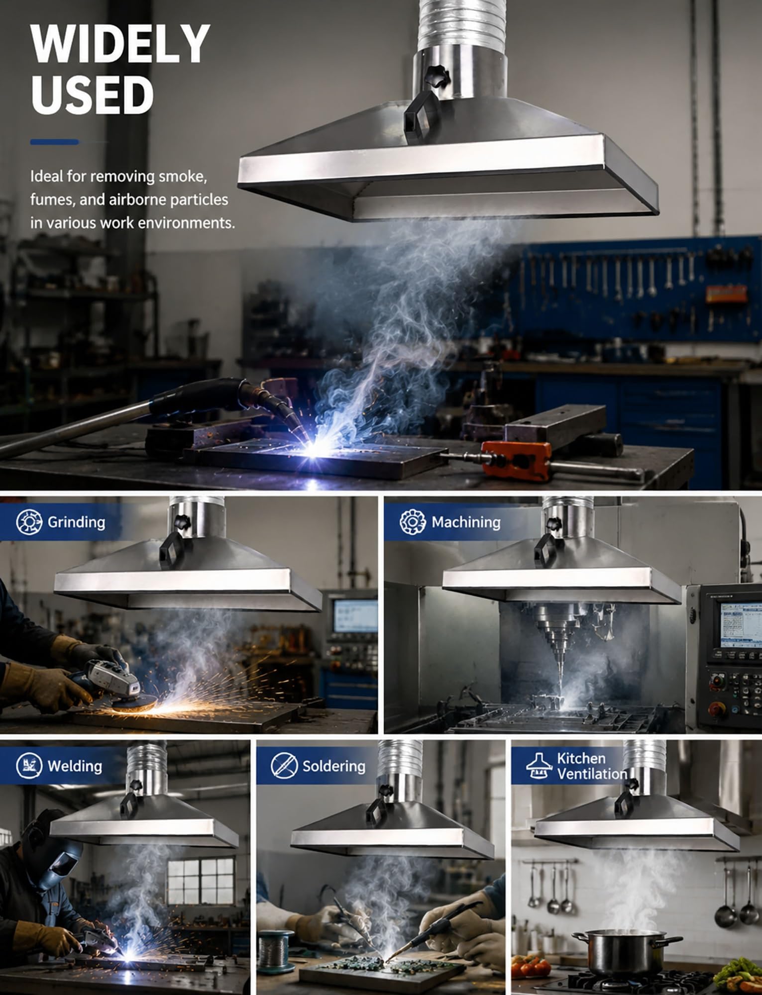 Hotte carrée industrielle en acier inoxydable 400–800 mm, interface 110 mm, extraction de poussière et de fumée pour atelier, soudure et usinage (70 x 50 cm)