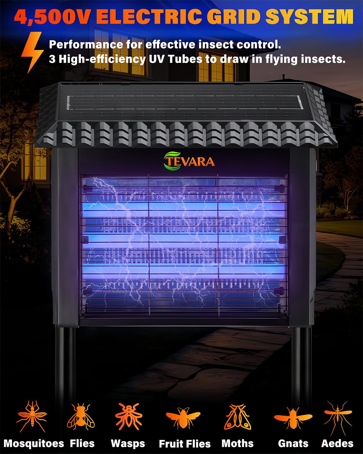 Zapper Solar Bug Zapper Outdoor - Zapper zanzare senza fili da 4500 V con controllo della pioggia, pannello solare da 10 W e sensore di luce intelligente, luci da percorso 2 in 1 e zanzariera per
