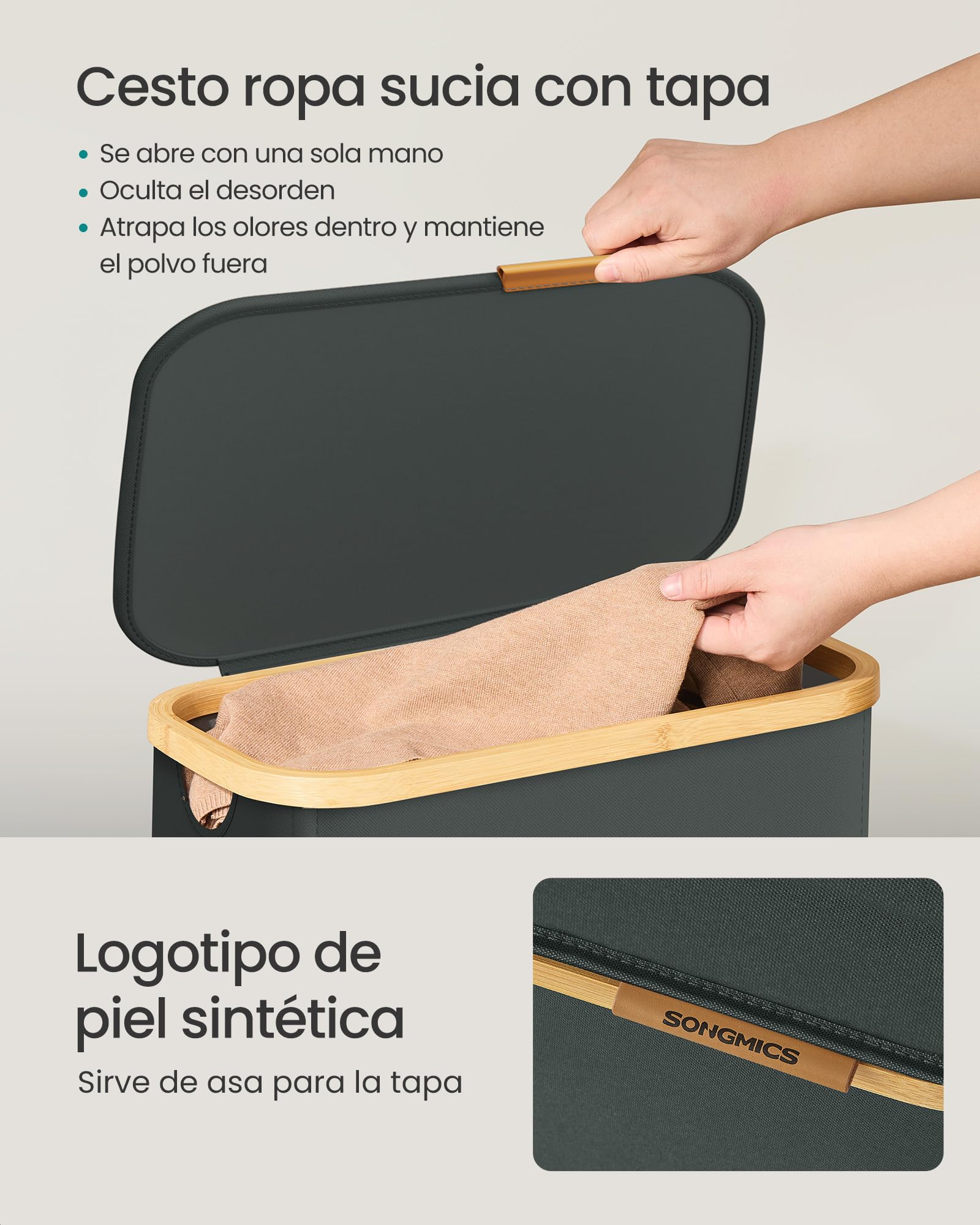 SONGMICS Cesto de Ropa con Tapa, Recogedor de Colada Estrecho, Tejido de Oxford, Plegable, Marco de Bambú, Lavadero, Dormitorio y Salón, 70 L, 42 x 22,5 x 70,5 cm, Gris Pizarra LCB517GN01 - 5