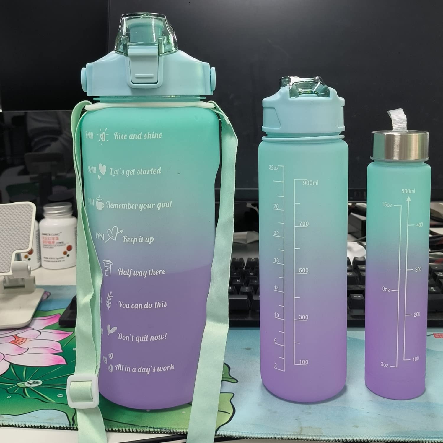 Pomeat 3 Pack Motivational Water Bottles with Time Marker, 64oz/32oz/15oz Water Bottle with Straw, Carry Strap & Measurements, BPA-Free & Leak-Proof Gym Water Bottle for Adult & Kids Sports Outdoors