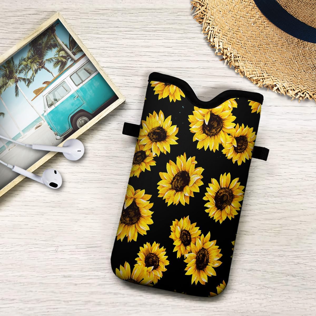 Universal Neoprene Cell Phone Pouch 7.1 X 4 in Mobile Protection Case Bag with Crossbody Strap/Neck Lanyard Sunflower Printed Pattern - Image 3