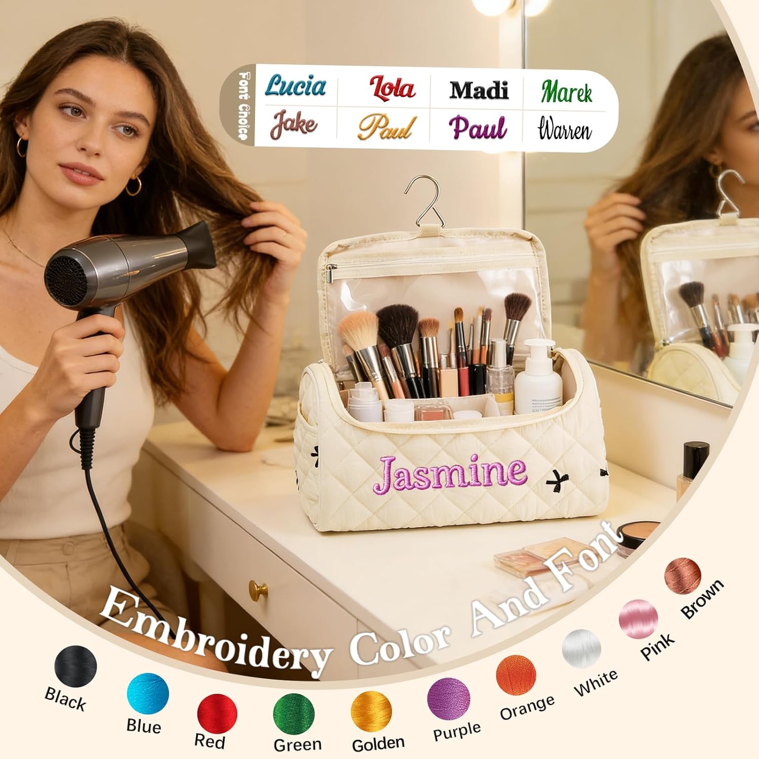 Ulico Personalized Hair Tools Travel Case Bag with Embroiderd Name, Custom Portable Storage Bag with Hanging Hook for Hair Curler Accessories, Cute Dustproof Travel Organizer