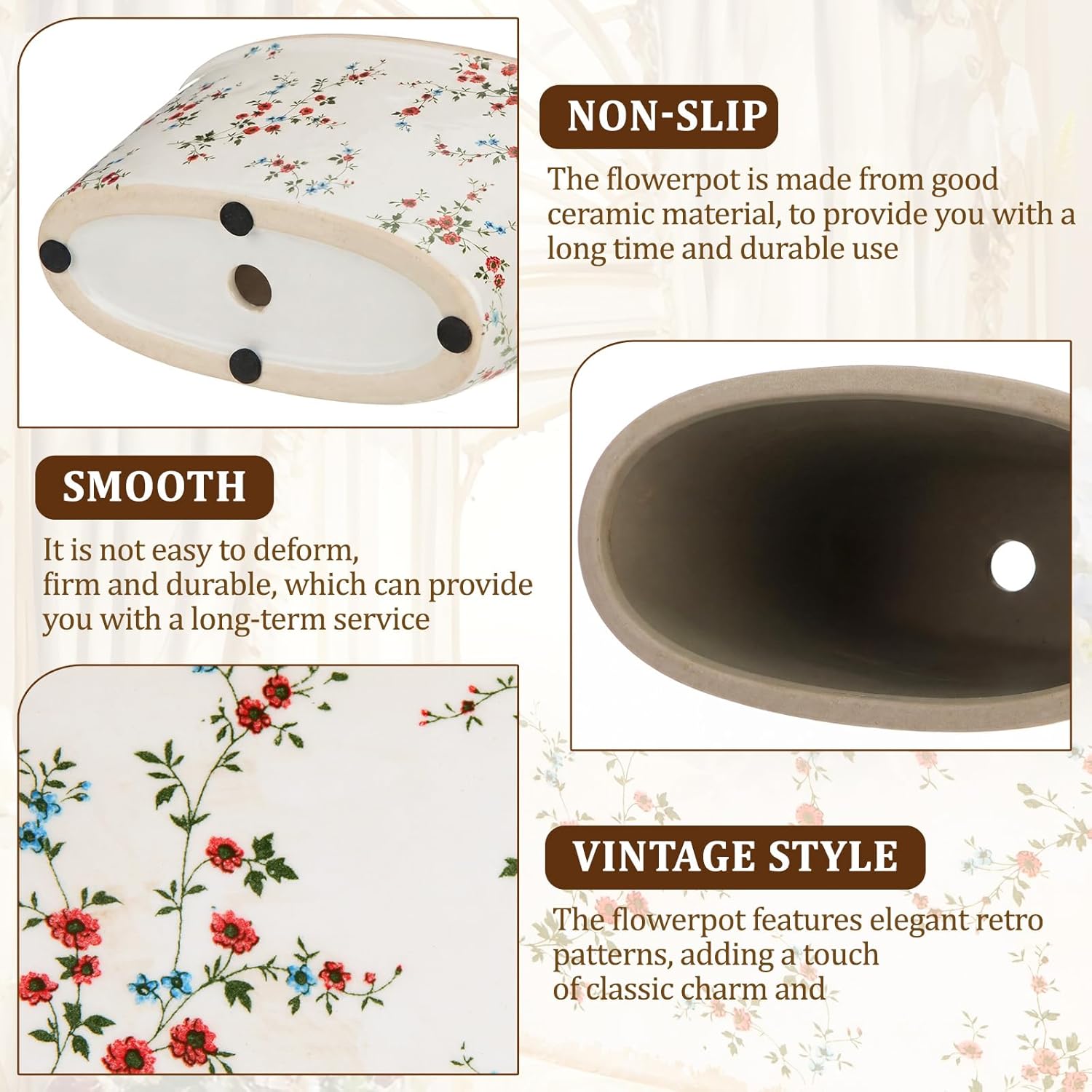 FoldTier 8.6" Large Vintage Ceramic Planter Ice Cracked Farmhouse Rectangle Pots with Drainage Hole Pots for Indoor Outdoor Plants Home Kitchen Windowsill Office Shelf Rustic Decor Gift(Wildflower)