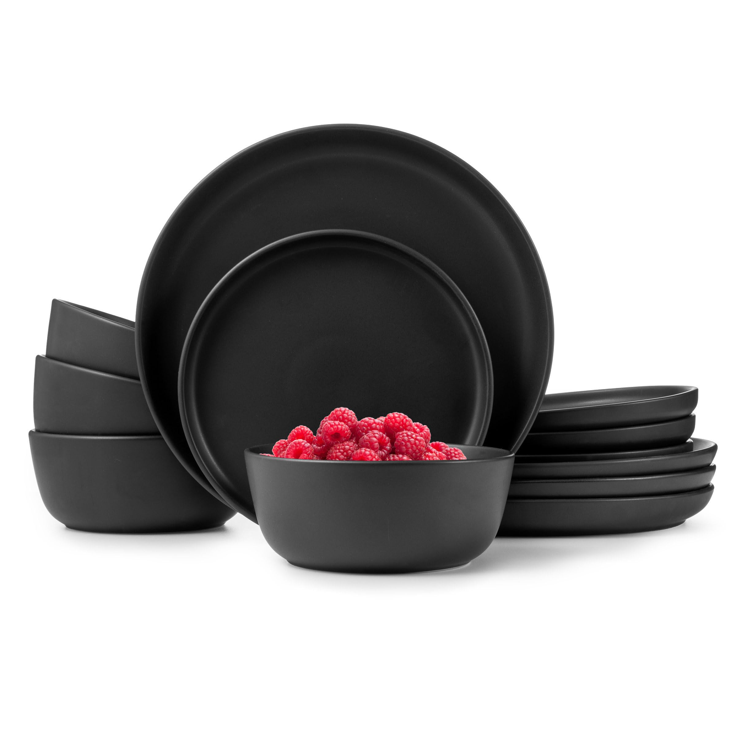 Service de table en grès noir mat 12 pièces pour 4 personnes