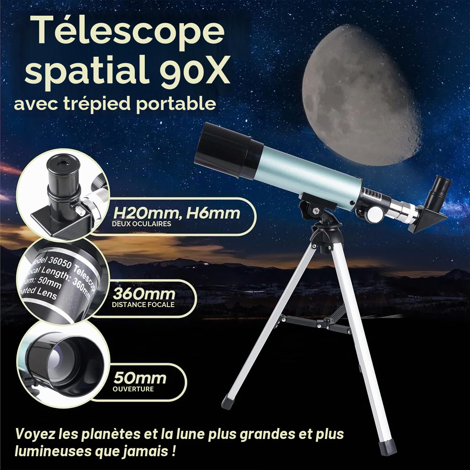 Télescope Astronomique pour Enfants, 90X HD Telescope Enfant Astronomique 360/50mm Extérieur Monoculaire Télescopique Portable Réfracteur Télescope avec Trépied pour Enfant Adulte Débutant