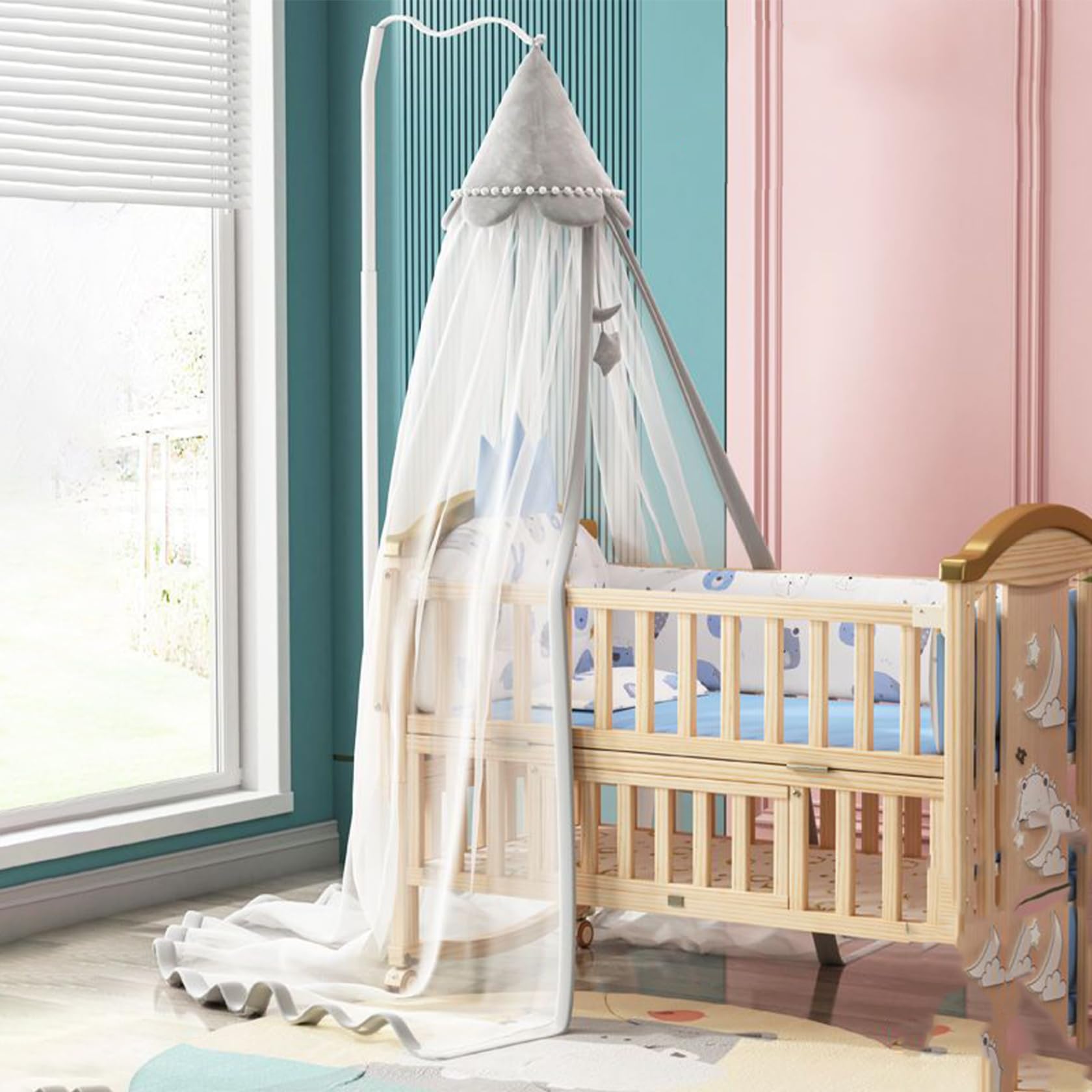 Wedhapy Crib Tent Crib Canopy Hanging Fine Mesh Dome-Shape Net to Keep Baby In with Door Flaps & Floor-Hugging Border 236x87 In Breathable Tent (Grey)