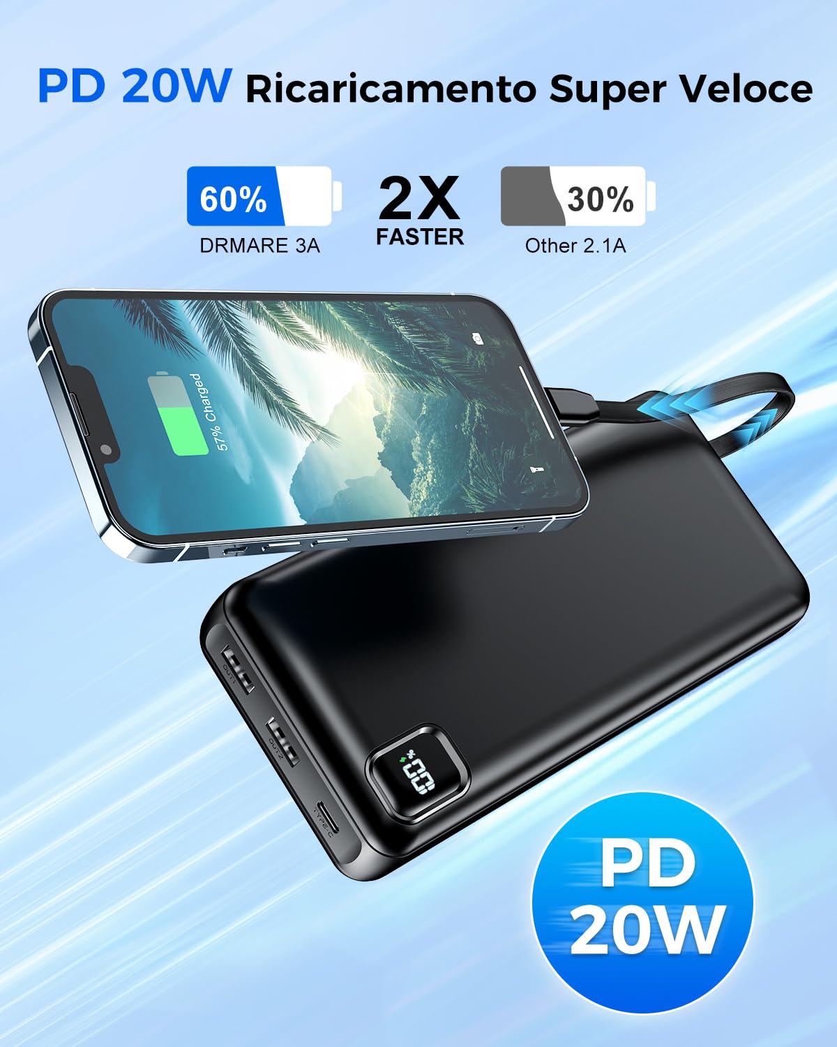 Batterie externe 50 000 mAh - Charge rapide PD 30 W - Avec 3 câbles intégrés, 5 sorties et 2 entrées - Affichage LED - Chargement portable pour iPhone, etc