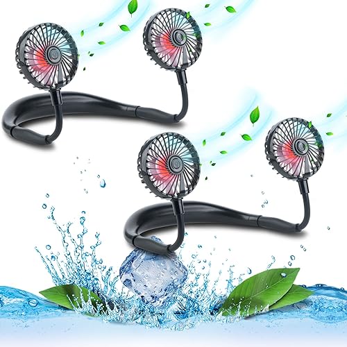 VAGAU Ventilador de cuello de enfriamiento portátil, ventilador de cuello personal USB recargable con luces LED coloridas, rotación de 360°,