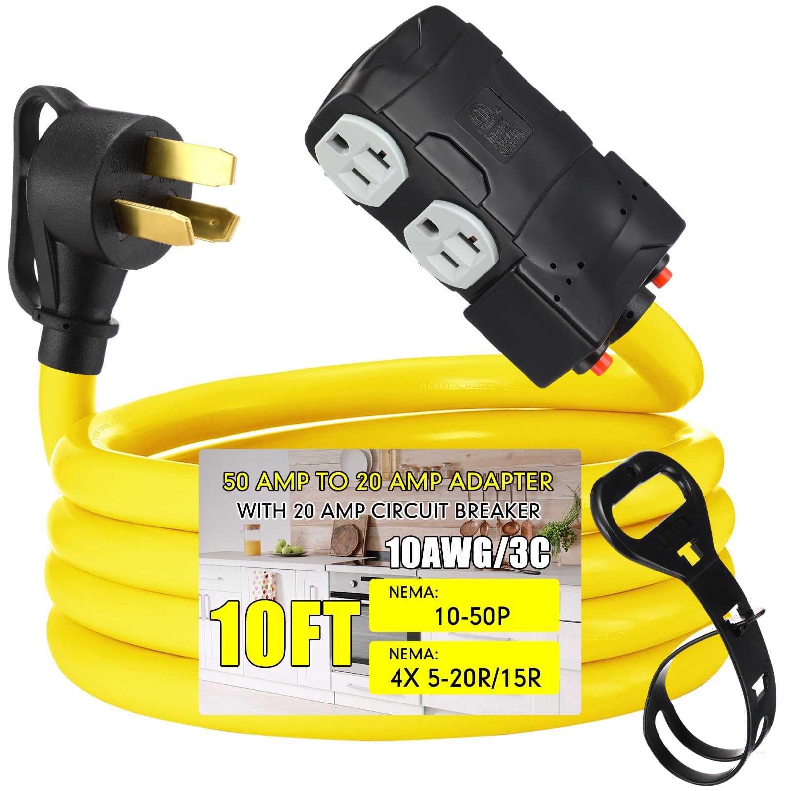 Lingvee 220 to 110 Adapter Compatible with NEMA 10-50P to 4X 5-20R/15R with 20 Amp Circuit Breaker, 220/250V Electrical Stove/Range/Oven Male Plug Gas