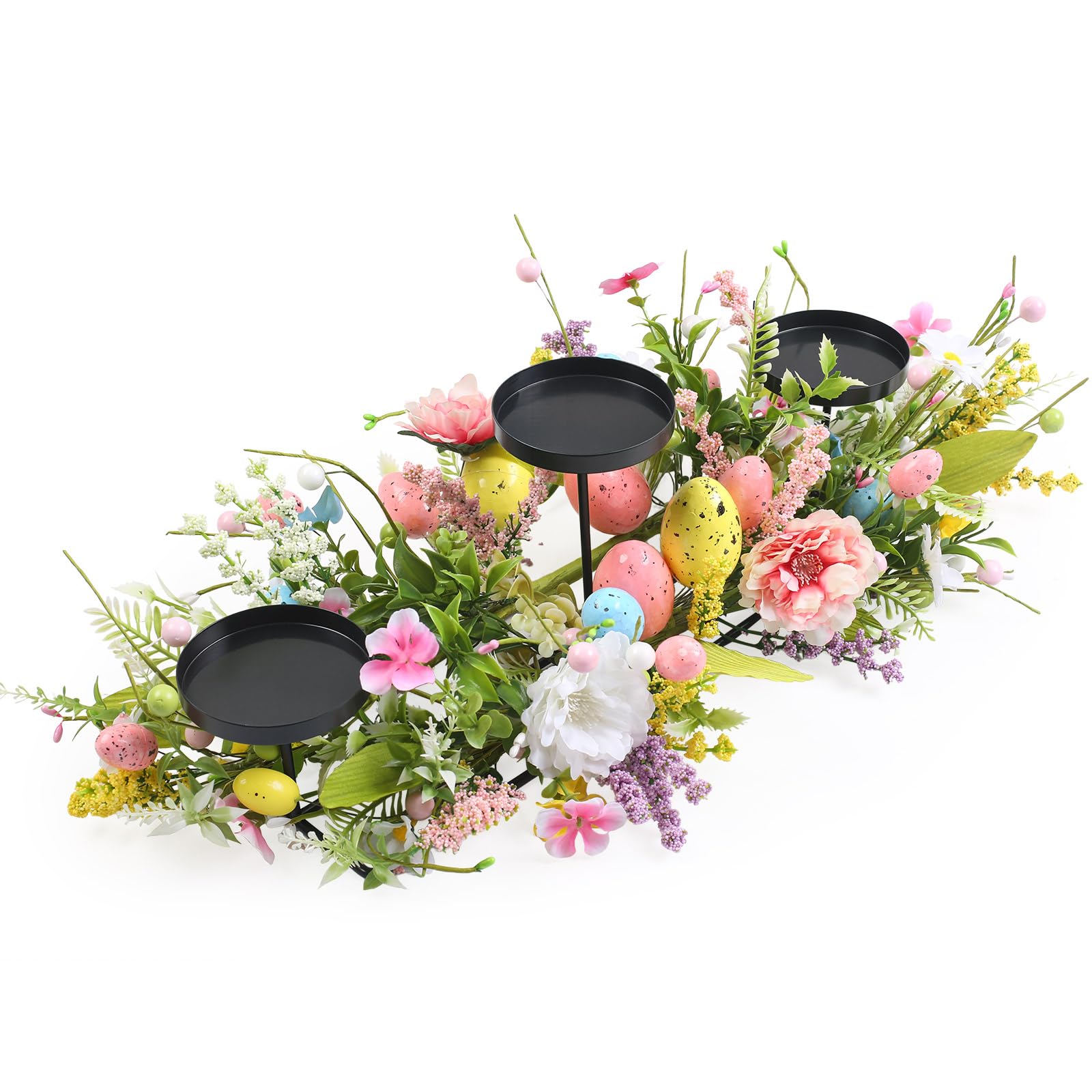 Photo 1 of *minor damage* 22" Easter Centerpieces for Tables and Fireplaces with 3 Candle Trays, Artificial Easter Egg Candle Holder Decorations with Colorful Spring Flowers & Branches & Green Leaves