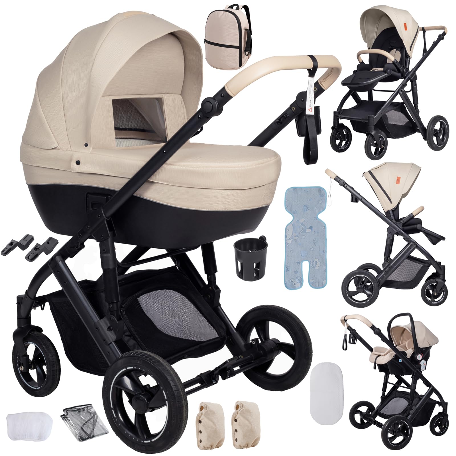 3 in 1 Travel Systems Baby Stroller with Carrycot, Sleeping Basket, Shock-Absorbing, 0-48 Months (3 in 1 Brown) — view 13
