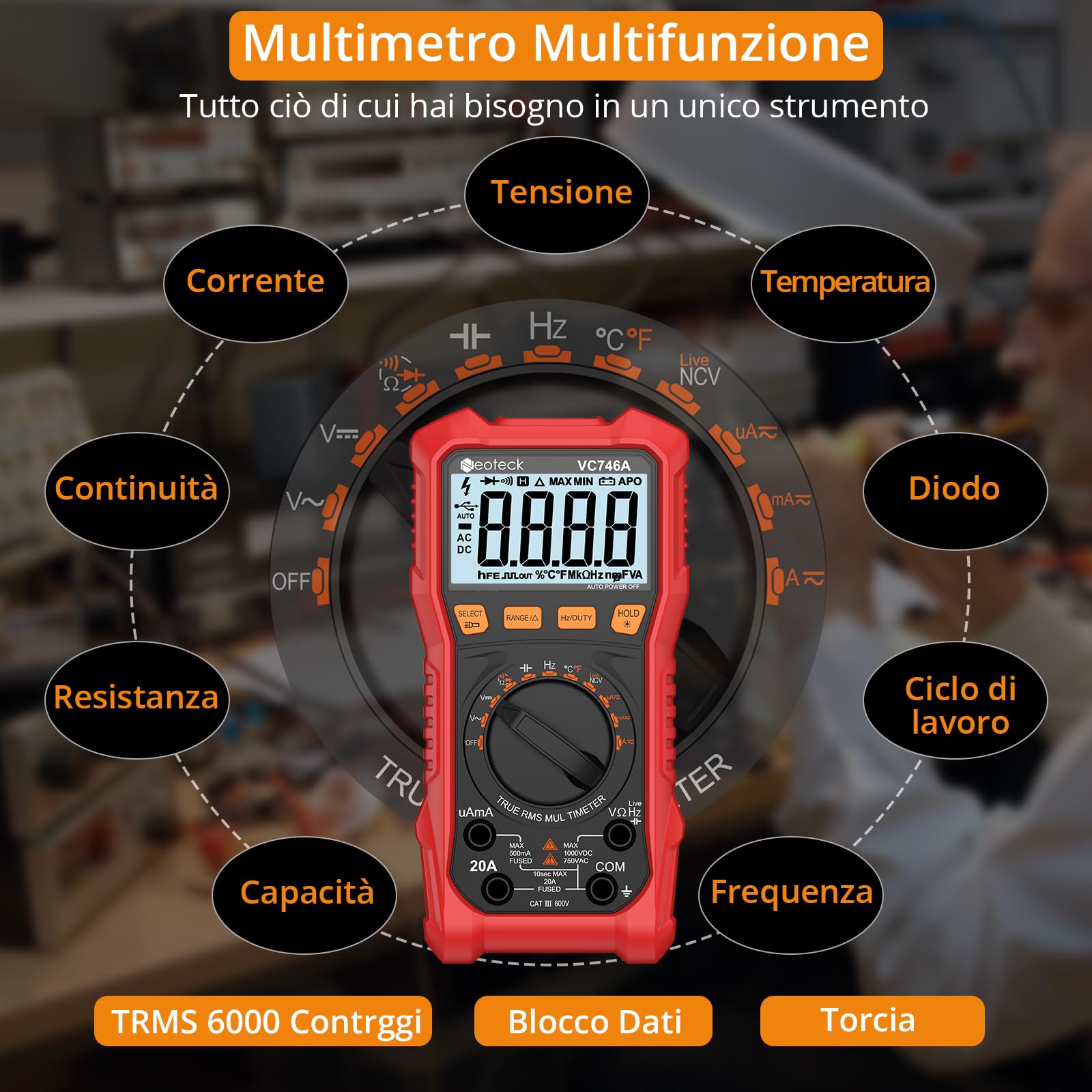 Neoteck Combo Professionale di Multimetri: Multimetro Arancione Durevole 2000 Conteggi con NCV e Temperatura + Multimetro 6000 Conteggi TRMS Auto-Range per Elettricisti, Tecnici e Fai-da-Te