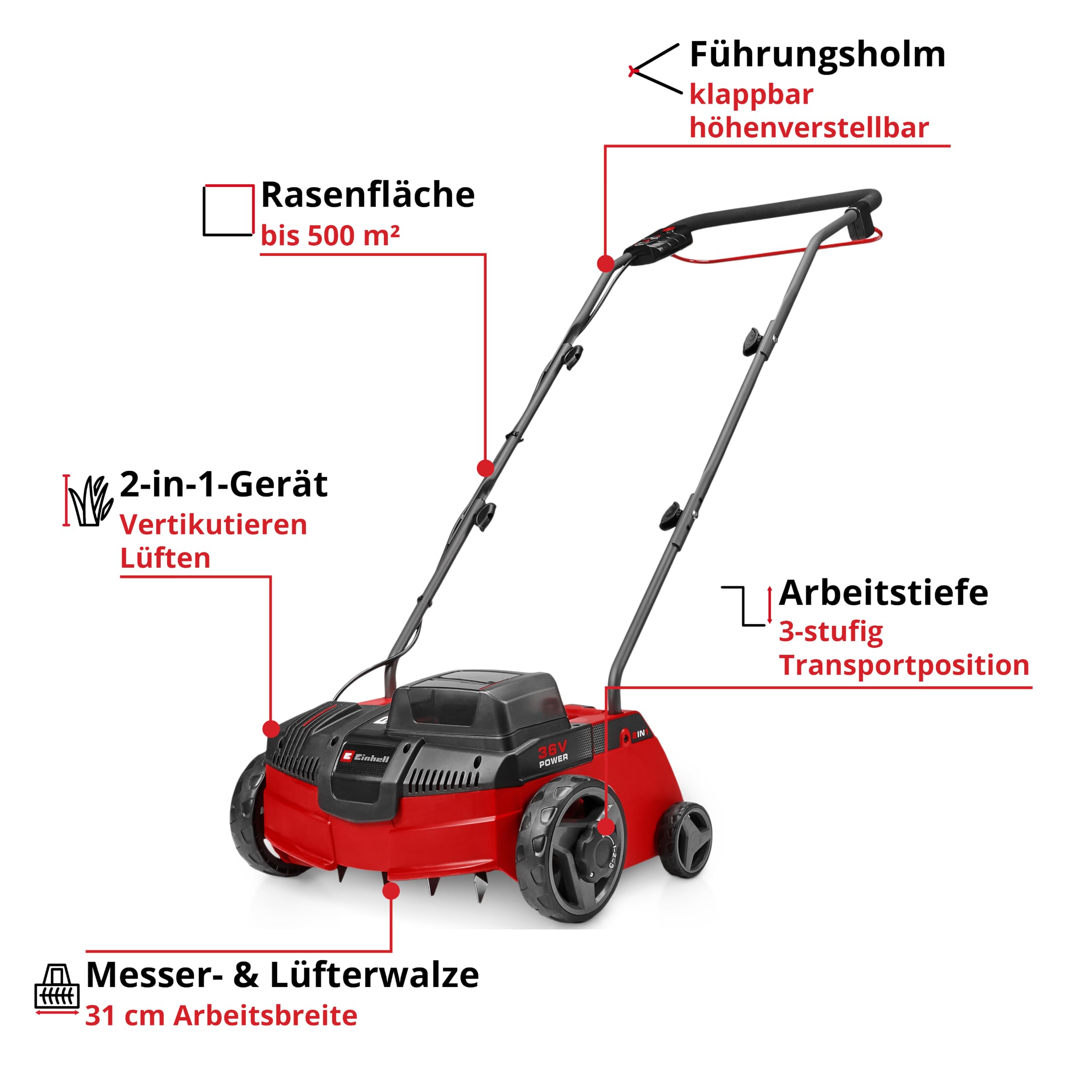 Einhell Akku-Vertikutierer-Lüfter GC-SA 36/31 Li-Solo | PXC | 36 V | 31 cm Arbeitsbreite | einstellbare Arbeitstiefe | Messer- & Lüfterwalze | ohne Akku