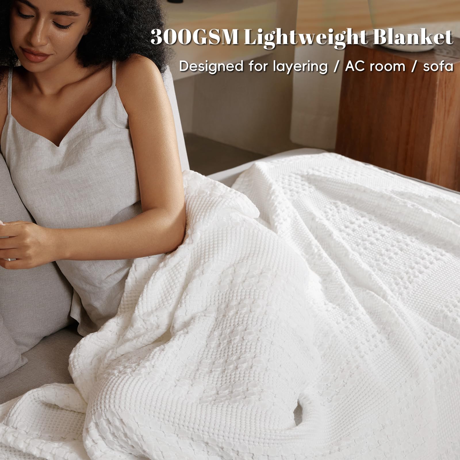 PHF Manta de Tejido gofre 100% algodón, tamaño Individual (150 x 200 cm) para decoración del hogar, Texturizada, Transpirable, Agradable al Tacto, Absorbe la Humedad para Todas Las Estaciones