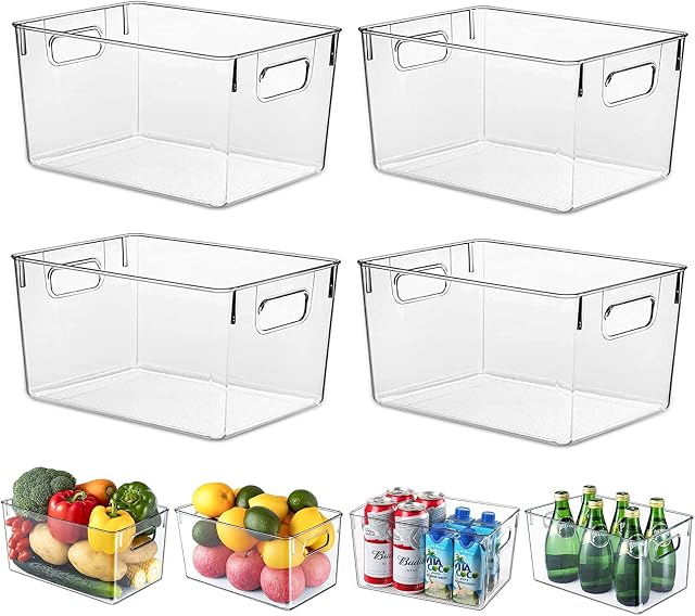 HPYLIF·H Stackable Storage Box with Handles, 4 Pack Clear Pantry Organizer Bins, Food Storage Basket for Kitchen, Countertops, Cabinets, Refrigerator, Freezer, Bedrooms, Bathrooms, 29x20x15.5cm