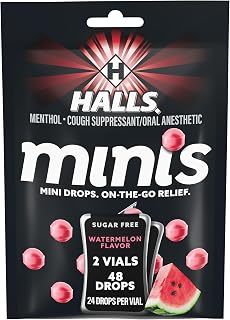 Halls Minis Watermelon Sugar Free Cough Drops, 48 Count - Menthol Sore Throat Lozenges for On-the-Go Relief