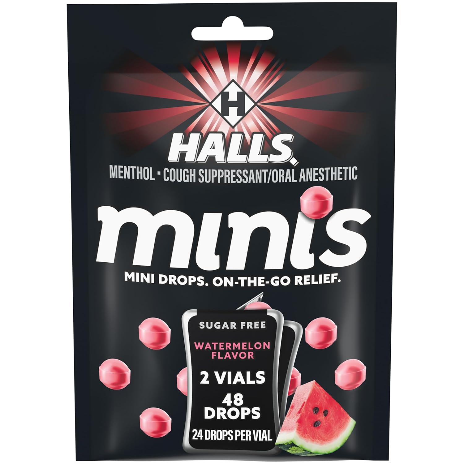 Halls Minis Watermelon Sugar Free Cough Drops, 48 Count - Menthol Sore Throat Lozenges for On-the-Go Relief