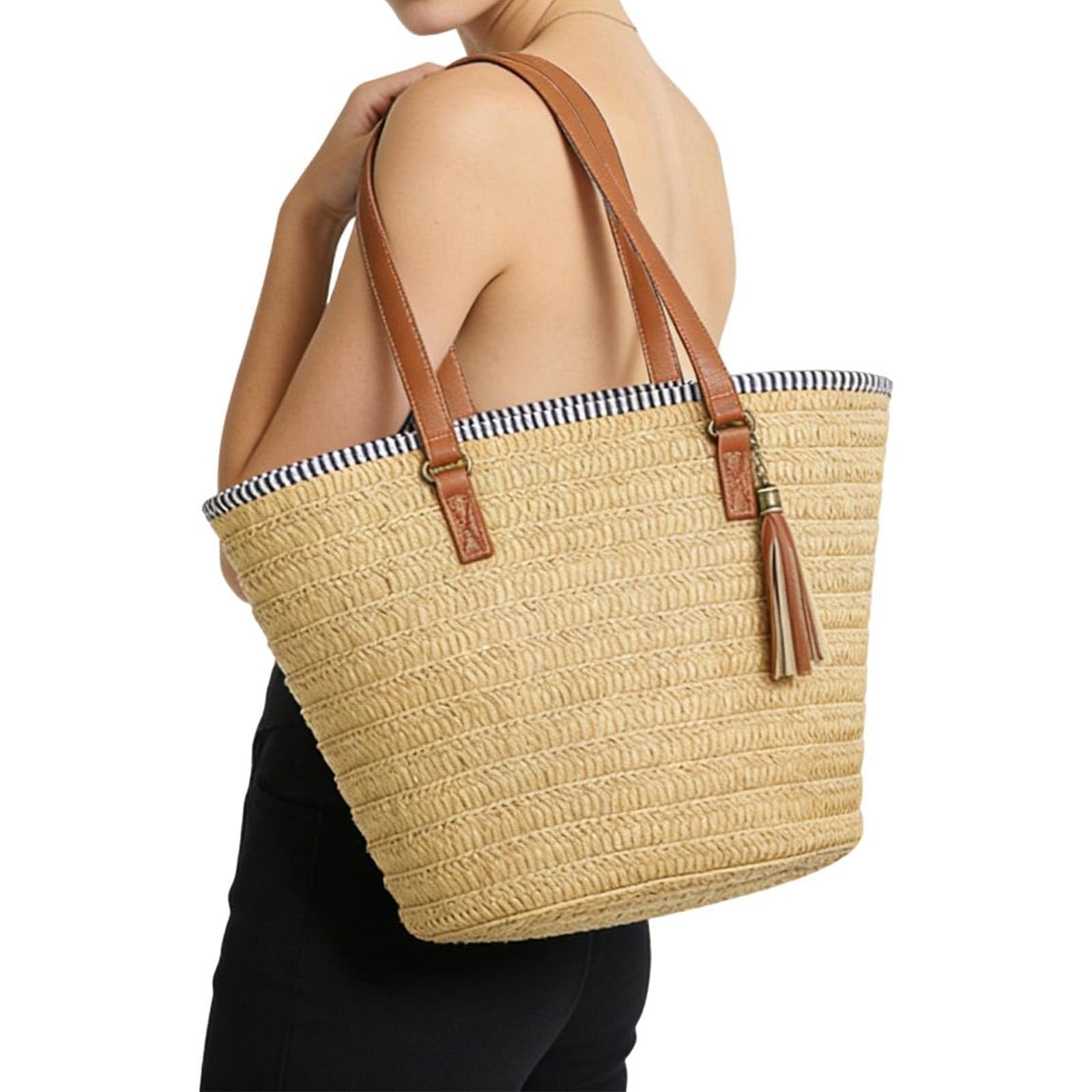 Pahajim Sac de Plage Femme avec Fermeture Tote Bag Grande Sac de Paille Tricotage à la Main Boho Style pour les Voyages, les Vacances, le Shopping(Marron)