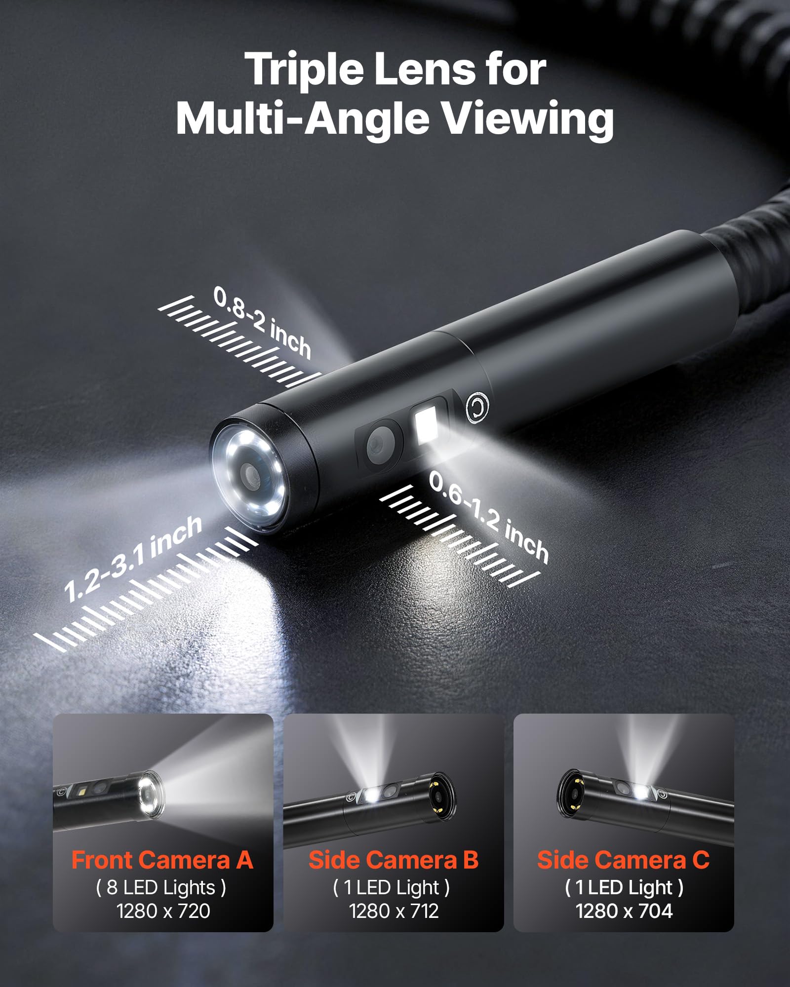 VEVOR Endoscopio de Triple Cámara con Pantalla IPS, Cámara de Inspección con Pantalla Dividida, Sonda de 8 mm, Cable de 3 m y 5 m, Batería 5000 mAh, Luces LED, 32 GB, para Motores, HVAC y Tuberías