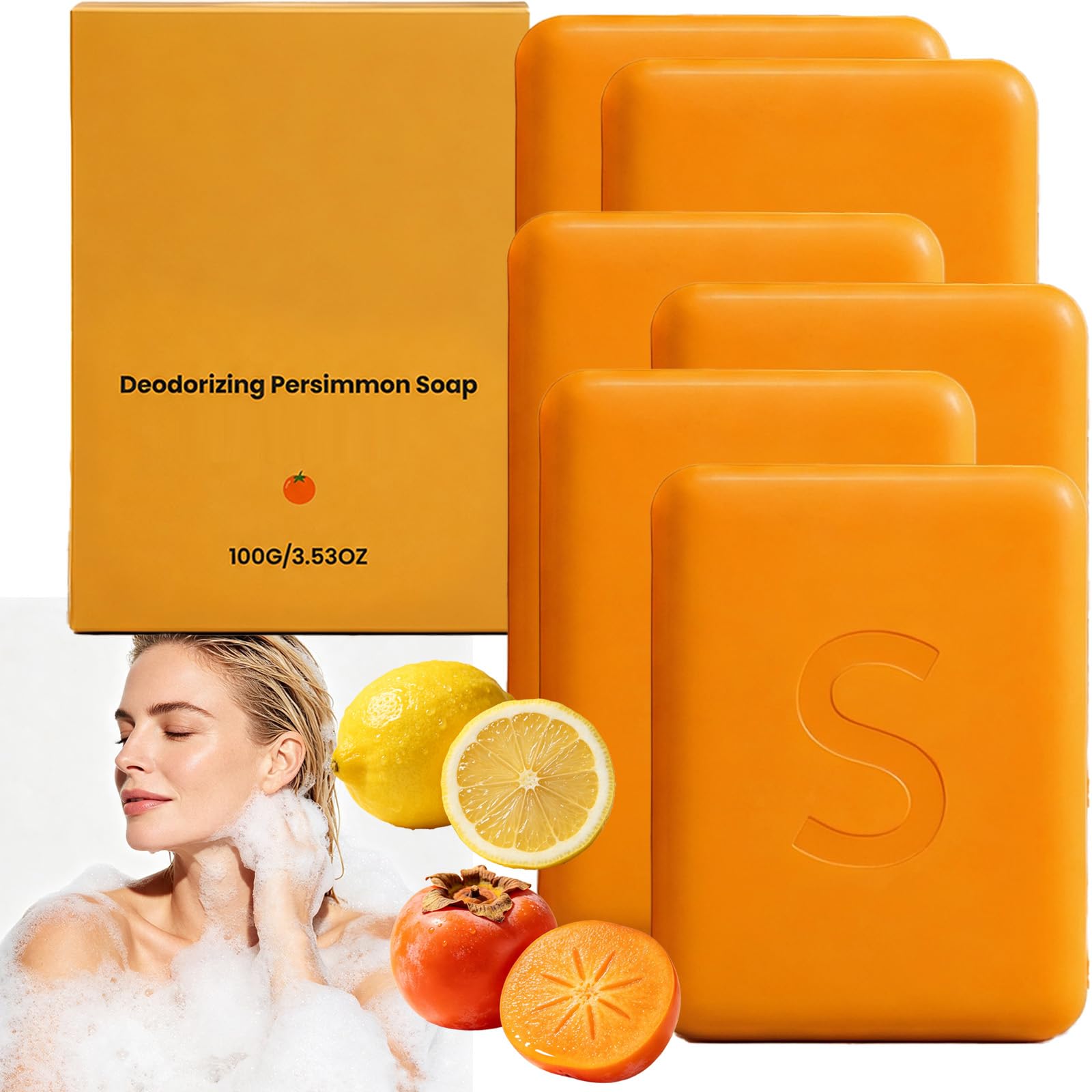 Saponetta al cachi per remove odori e sudore, sapone da bagno deodorante con estratto di cachi e limone, detergente corpo idratante a pulizia profonda, deodorante e antiodore (6pcs)