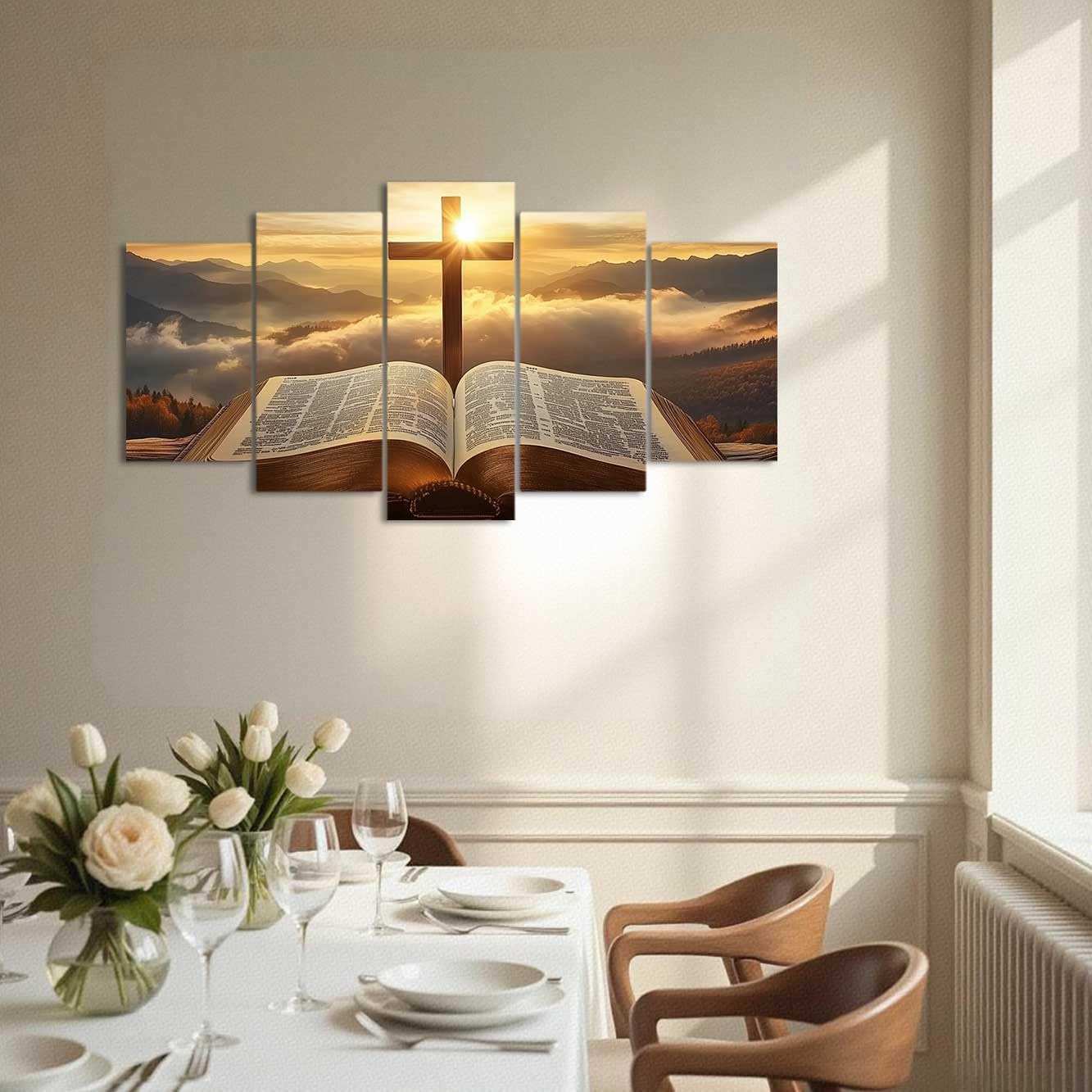 ZXHYWYM 5 Stück christliche Bilder Jesus Bibel und Kreuz Gemälde Sonnenaufgang Landschaft Leinwanddrucke religiöse Schrift Poster Wohnzimmer Büro Dekoration ((55L x 100B cm))