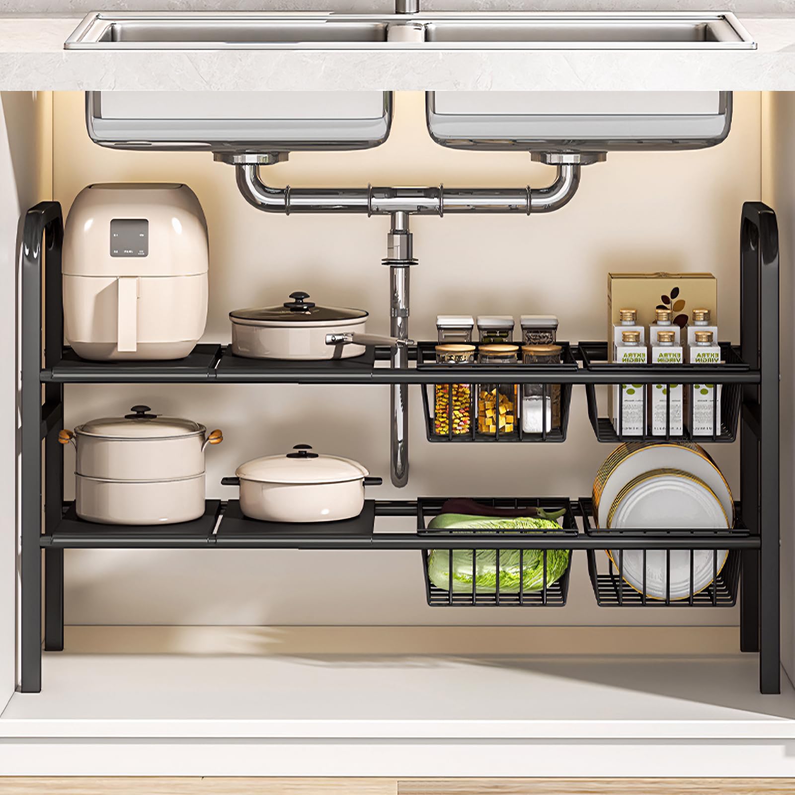 Meltrck Spoelkastorganizer, 2 stuks, organizer voor onder de wastafel, uittrekbaar opbergrek, organizer met 16 haken, zwart