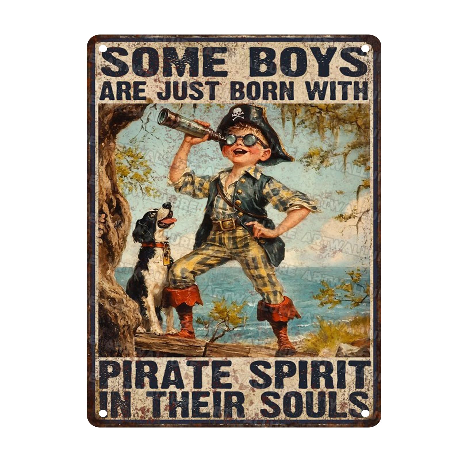 Boy and Dog Vintage Sign Some Boys Are Just Born With Pirate Spirit Metal Sign for Home Man Cave Bar Cafe Kitchen Wall Decor 12x16inch