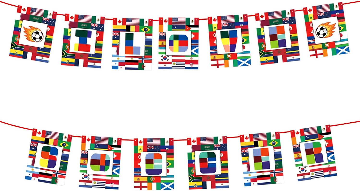 Soccer Jersey Flag Bunting Banner - 2026 Global Soccer Tournament Decorations - 49 Pcs International Country String Flags for Football Championship Party Supplies - Sports Themed Backdrop for Fans & Watch Parties