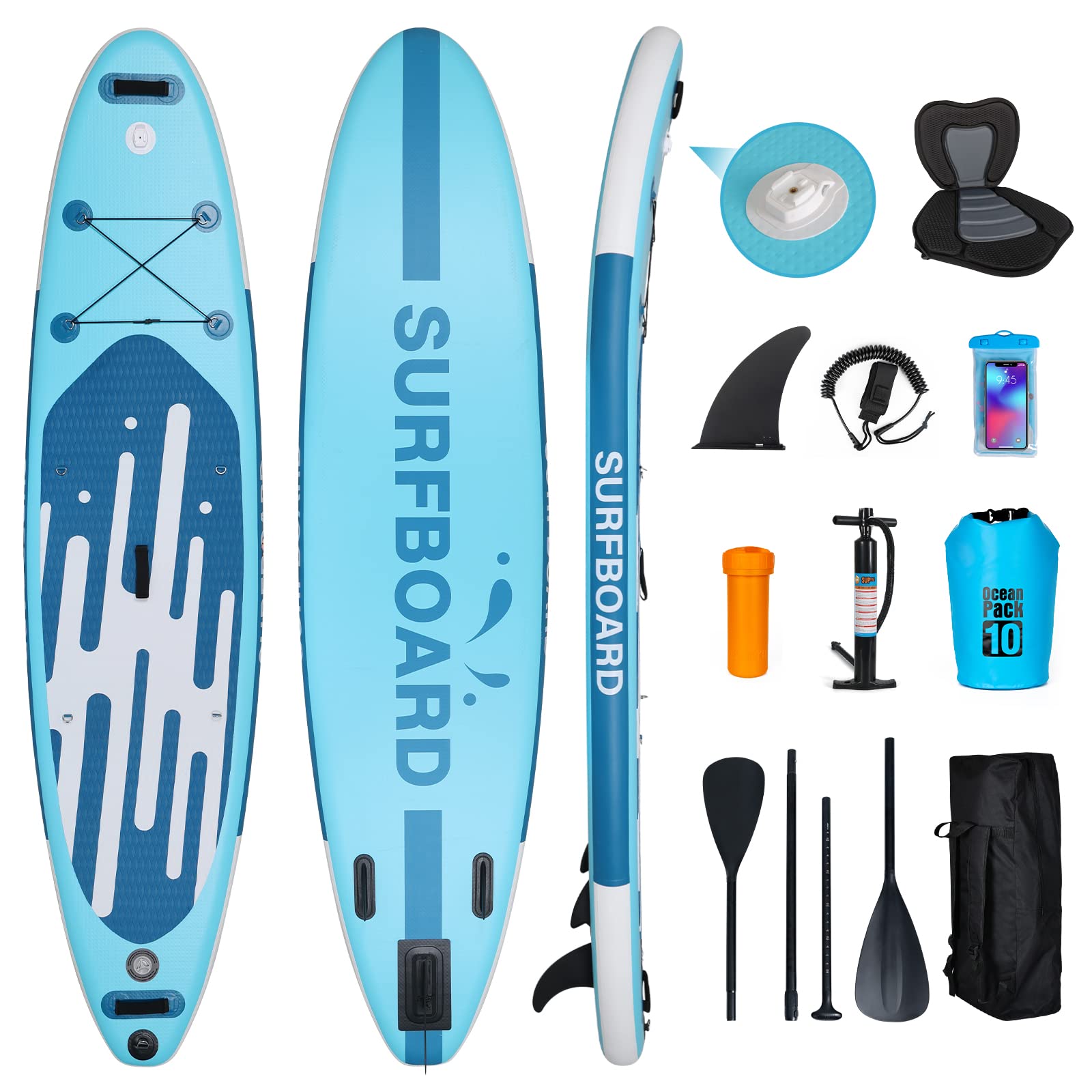 YU YUSING Pack Complet – Paddle Gonflable Adulte 335cm, Planche Stand up Paddle Gonflable 2 Personnes, Sac à Dos, Siège Kayak, Pagaie Aluminium, Support Caméra, Pompe, Tous Niveaux, jusqu'à 150 kg