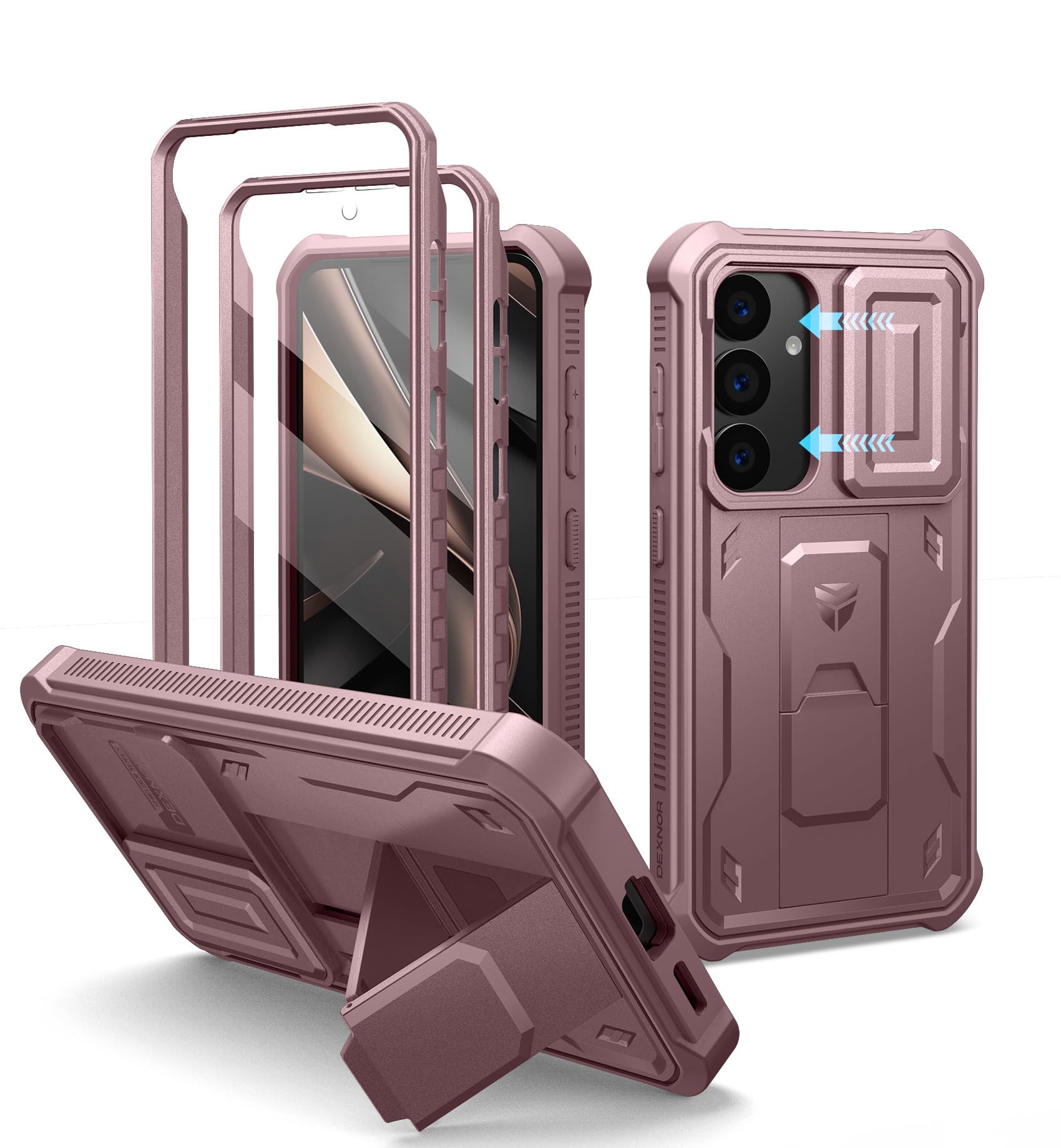 Dexnor for Samsung Galaxy S25 Case with Built-in Slide Camera Cover &amp; Screen Protector &amp; Kickstand,Heavy-Duty Shockproof Rugged Case Full-Body Bumper Protective Cover for Galaxy S25(2025),Peony Pink