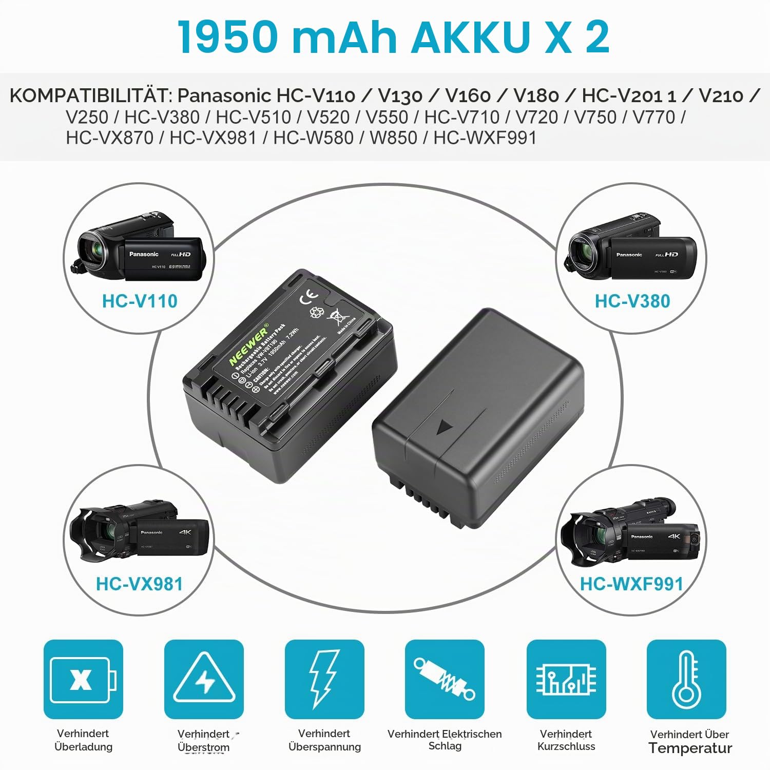 NEEWER Ersatzakku und Ladegeräteset für VW-VBT190, 2er Pack 1950mAh Akkus und Dual USB Ladegerät, kompatibel mit Panasonic HC-V110, V130, V160, V180, HC-V201, V210, V250, HC-V380, HC-V510, V520, V550